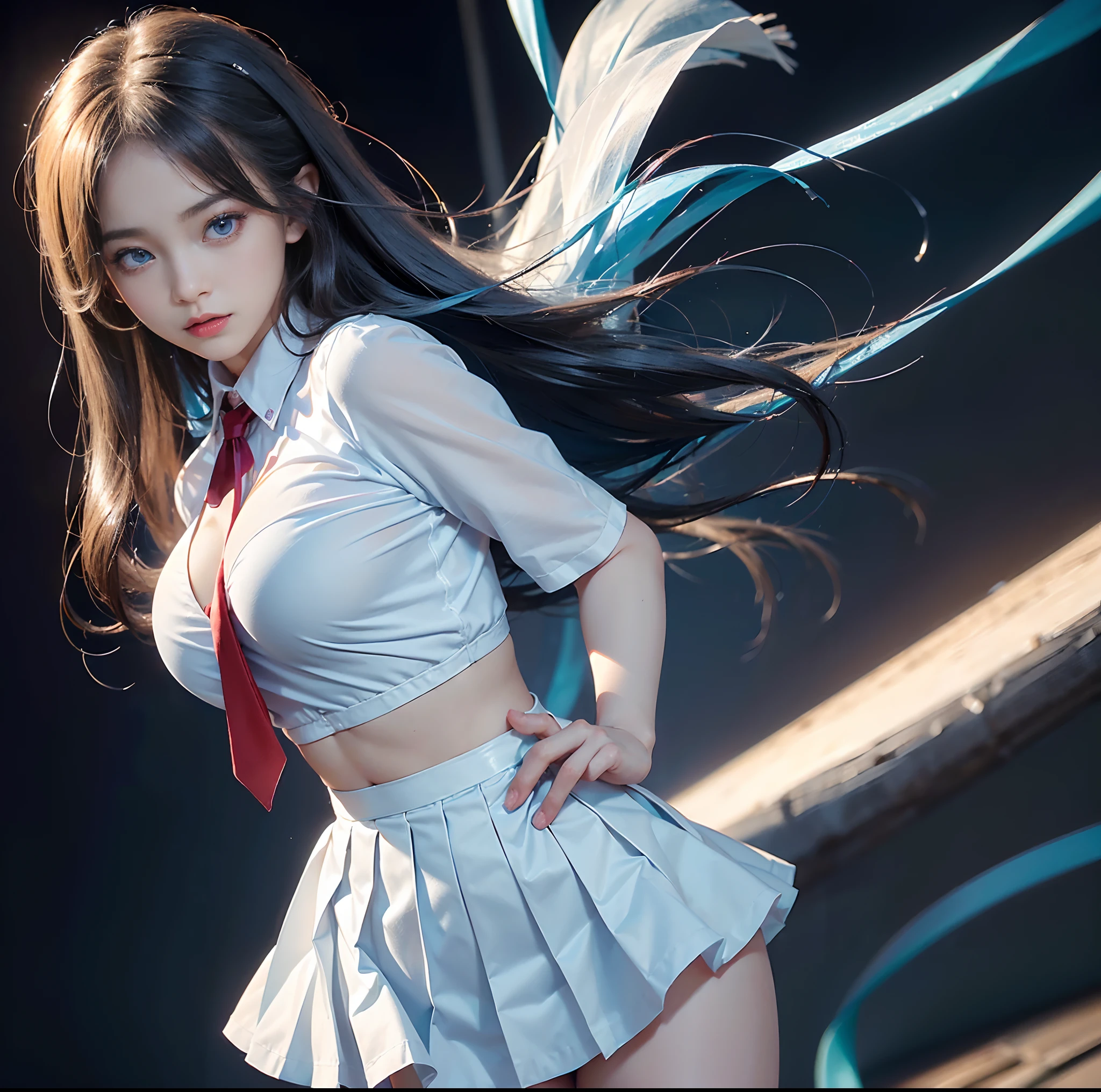 (top-quality, 4K picture quality, masterpiece, Professional lighting without shadows, A hyper-realistic), perfect anatomia, Two girls, ( with perfect body、Colossal breasts with tension:1.2), Bright and even whitening skin without wrinkles and steps, (Reflects a lot of light with bright and beautiful blue eyes with long eyelashes and plump red tear bags:1.2)、 Cute hairstyles, (Schoolgirl uniform gets wet and sticks to the skin, A tight-fitting blouse made of white ultra-thin fabric covers the upper body,、Dress up with a super short super mini pleated skirt), (The skirt is too short and exposes the crotch and big buttocks:1.3), (She proudly shows off her huge breasts and crimson ribbon tie from the front), ((Another girl on the other side、- She is showing off her big butt from directly behind)), (sleepy half-eyes),