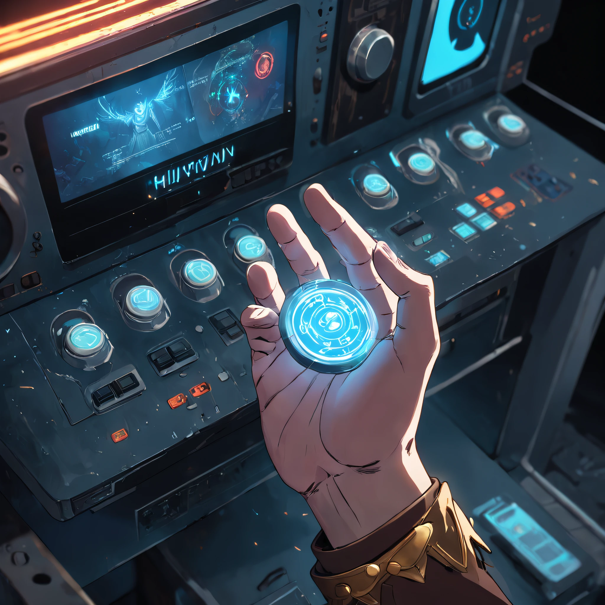 shot of a realistic Viking hand activating a holographic self-destruct button.
