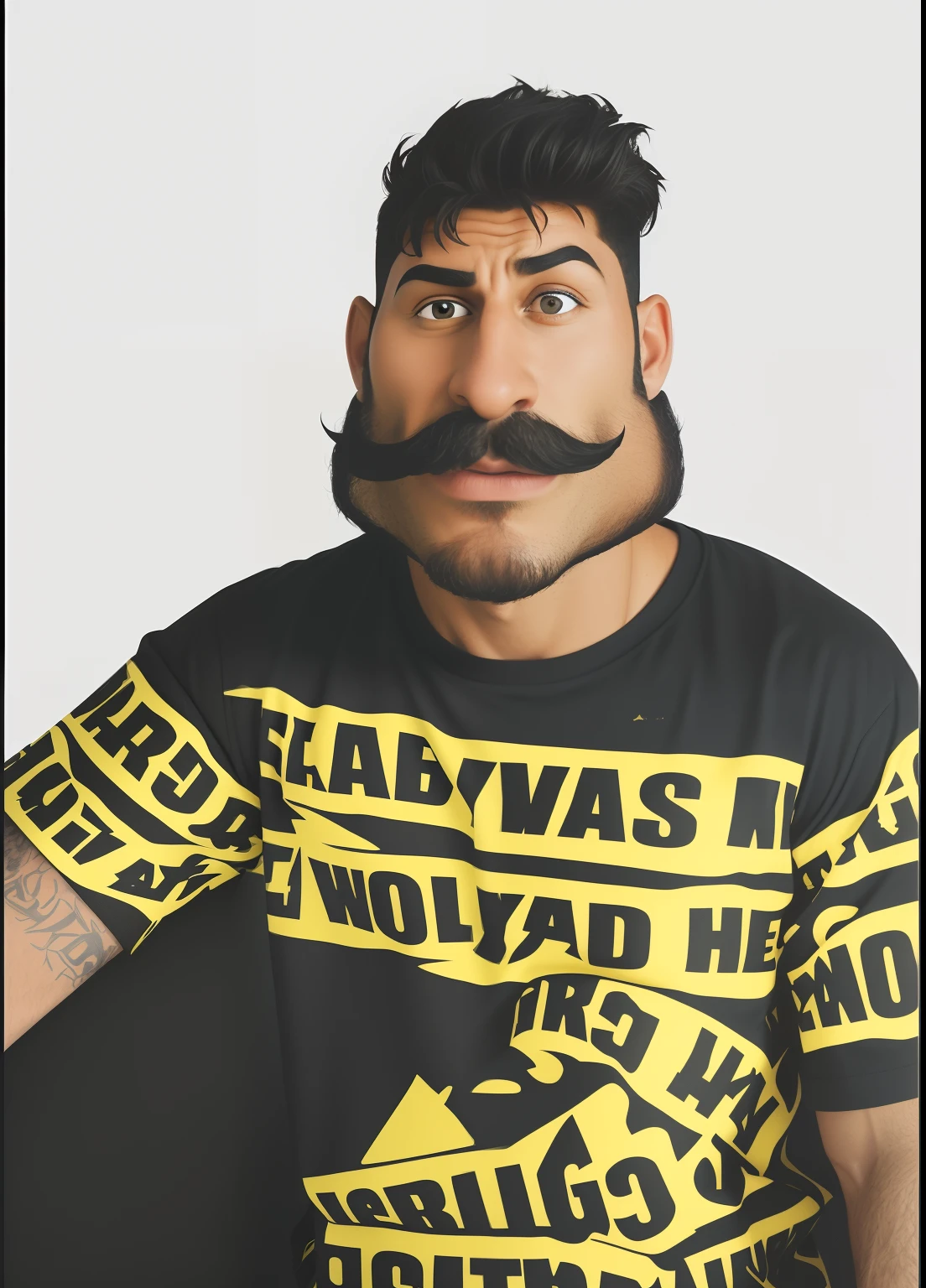 arafed man with a fake mustache and a caution sign on his shirt, giga chad capaybara, ugly face, cynical face, you g face, cartoon image, made with photoshop, guapo, crazy expression, as a claymation character, scary angry pose, ((oversaturated)), avatar image, background removed, neckbeard, red colour backgrond, 4k