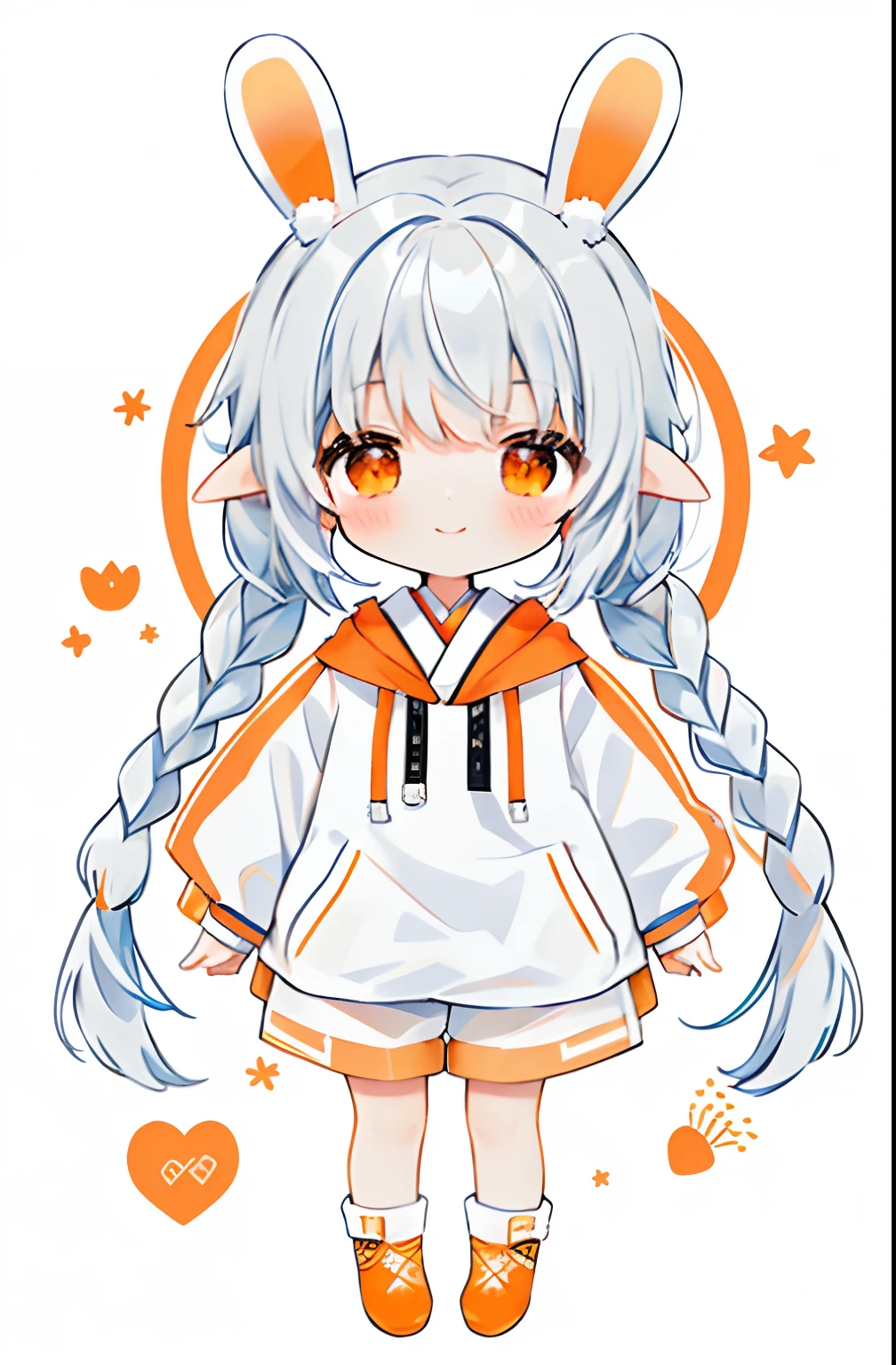 ((​masterpiece)), ((top-quality)), (The Amazing Dessinger), (best artist), (Best illustrated landscapes), (best performance), (4K Full HD), (nffsw+), (1girl in) (long to)White hair,(Braids:1.2)、Gray hair mixed with orange、 (Glowing orange eyes), (astonishing)Landscapes painted in artistic and cinematic tones - Mayna Pastel Style - V5(anime illustrated)、(drooping rabbit ears:1.2)、Cool smile、White hoodie、Orange motif、There are carrots、White shorts、Hoodie with orange feet on the inside、a cool、White and orange boots、Discreet gold embellishment、Japanese-style motifs、Glittering Japanese style、Slightly unkempt hair、Fine face、facing the front there、(white backgrounid:1.0)、Standing picture、Cool Beauty、White background、blanche、Background white、(Chibi Chara:1.1)