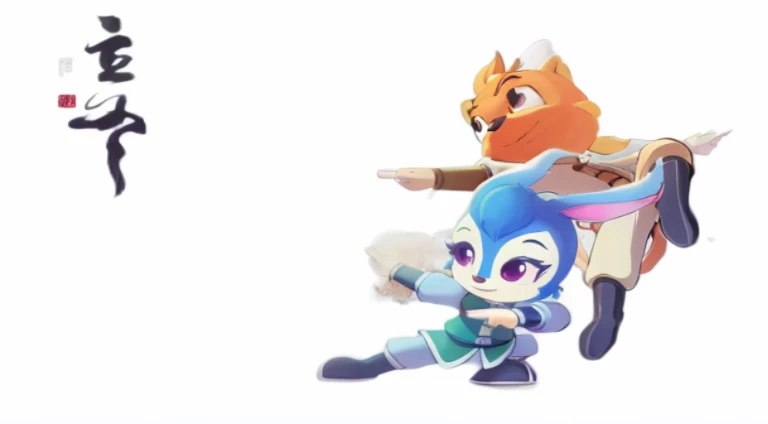 Anime characters fly through the air with cats and dogs, fox from league of legends chibi, background-image, character art of maple story, Banner, side scroller, key art, hero 2 d fanart artsation, Genshin, promotional art, offcial art, kitsune holding torch, medium shot of two characters, komono, style of duelyst