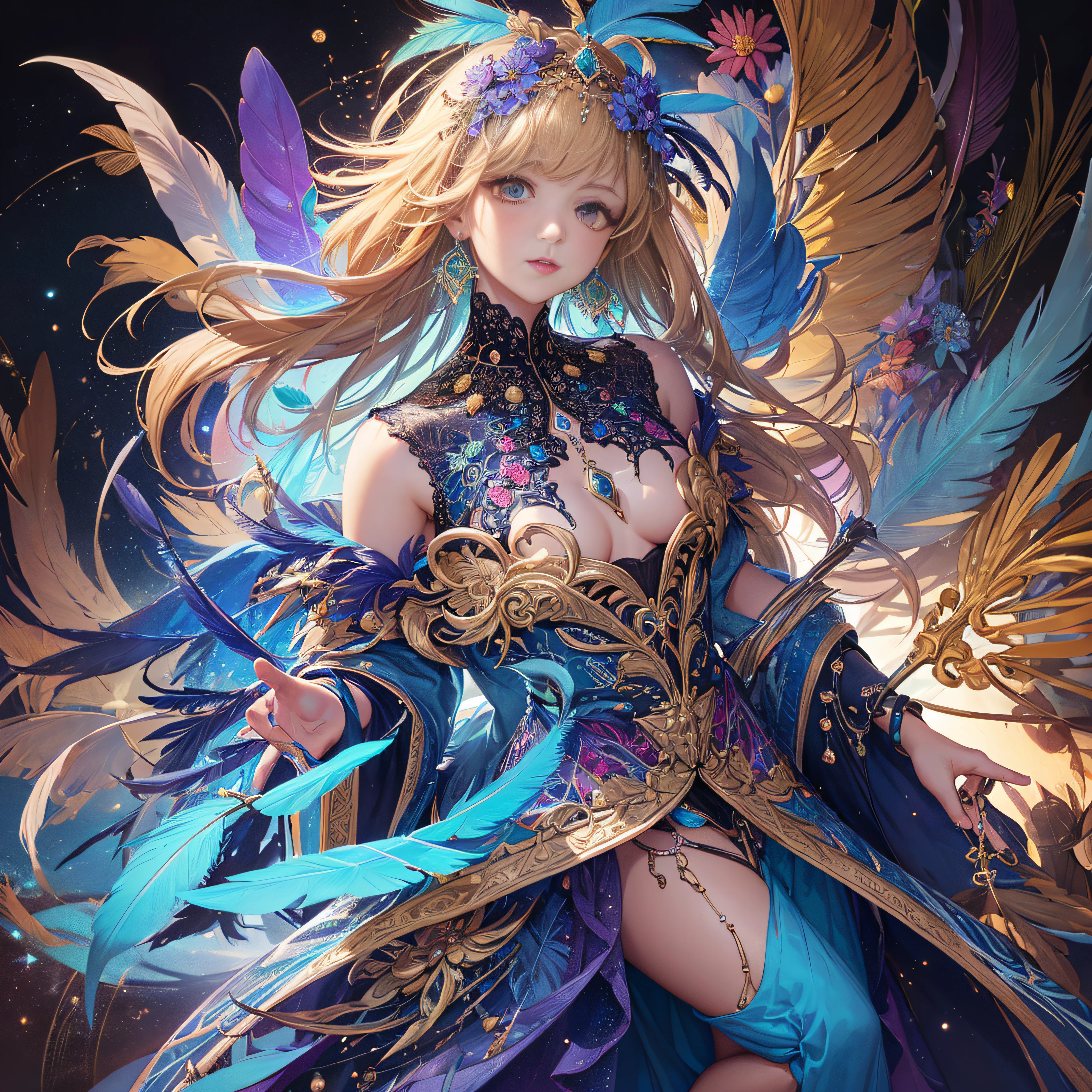 girl with, Small breasts, Bare shoulders, Blonde hair, colorful feather, metal ornaments, Colorful flowers, Particle, light, (masutepiece, of the highest quality, Best Quality, Official art, Beautiful and aesthetic:1.2), (1girl in:1.3), Extremely detailed, (Fractal Art:1.1), ( Colorful:1.1)(Flowers:1.3),highest details,(Zentangle:1.2), (Dynamic Pose), (Abstract background:1.3), (Shiny skin), (Many colors:1.4), (earrings:1.4), (Feathers:1.4), Full body image --auto