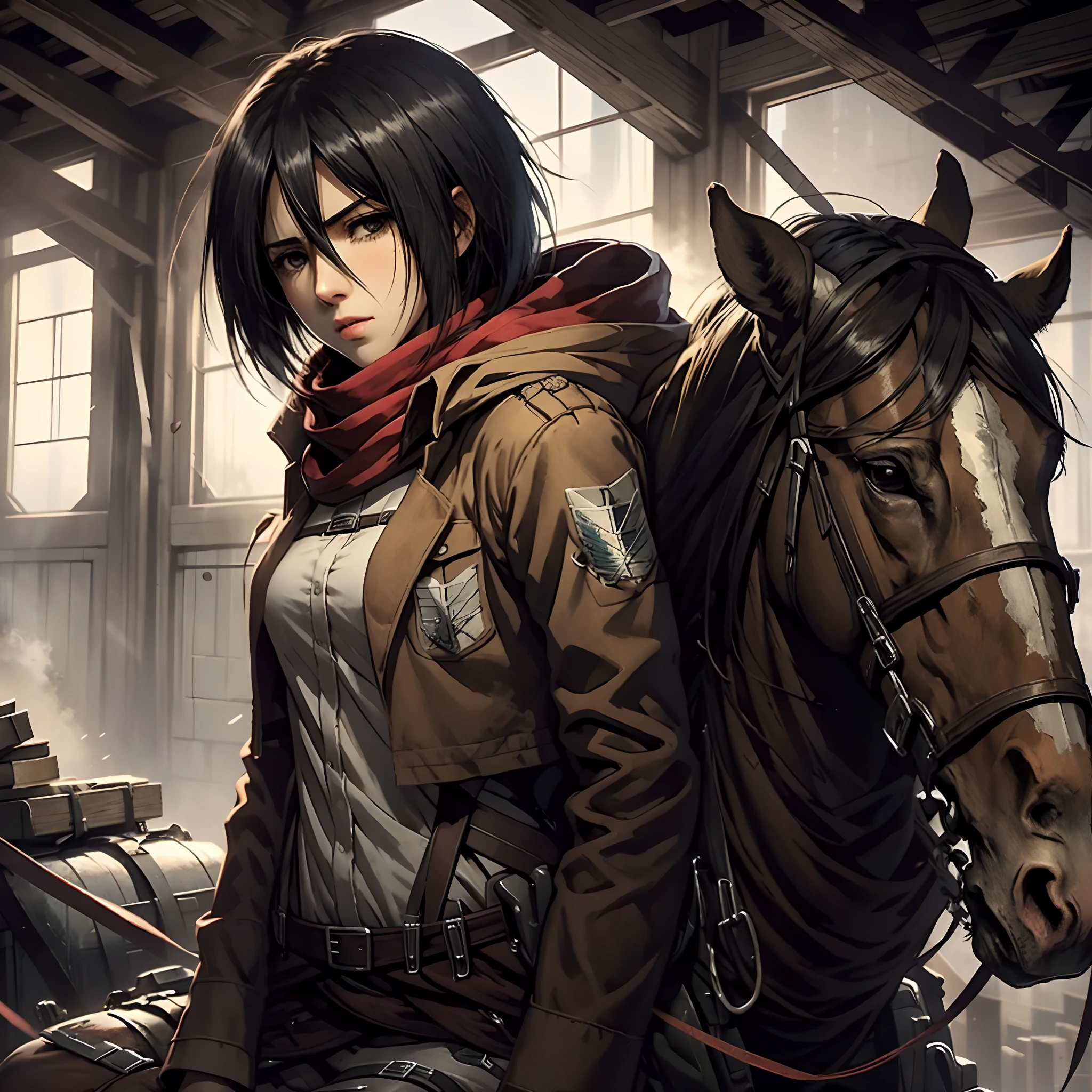 1girl, style cartoon, mikasa ackerman with red scarf around her neck, in survey corps uniform with green hooded cloak, display intense sorrow and depression, sitting on horse, mikasa from anime attack on titan, moment on despair on battlefield, crying face, sad mood, after war, shingeki no kyojin, from attack on titan anime, awesome full color, high quality, highly detailed, 8K Ultra HD