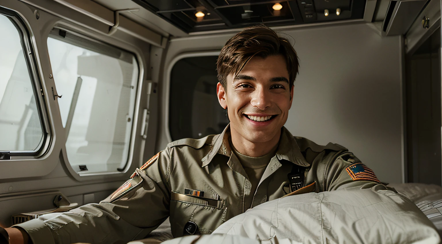 a realistic smiling man soldier in a spaceship in bed