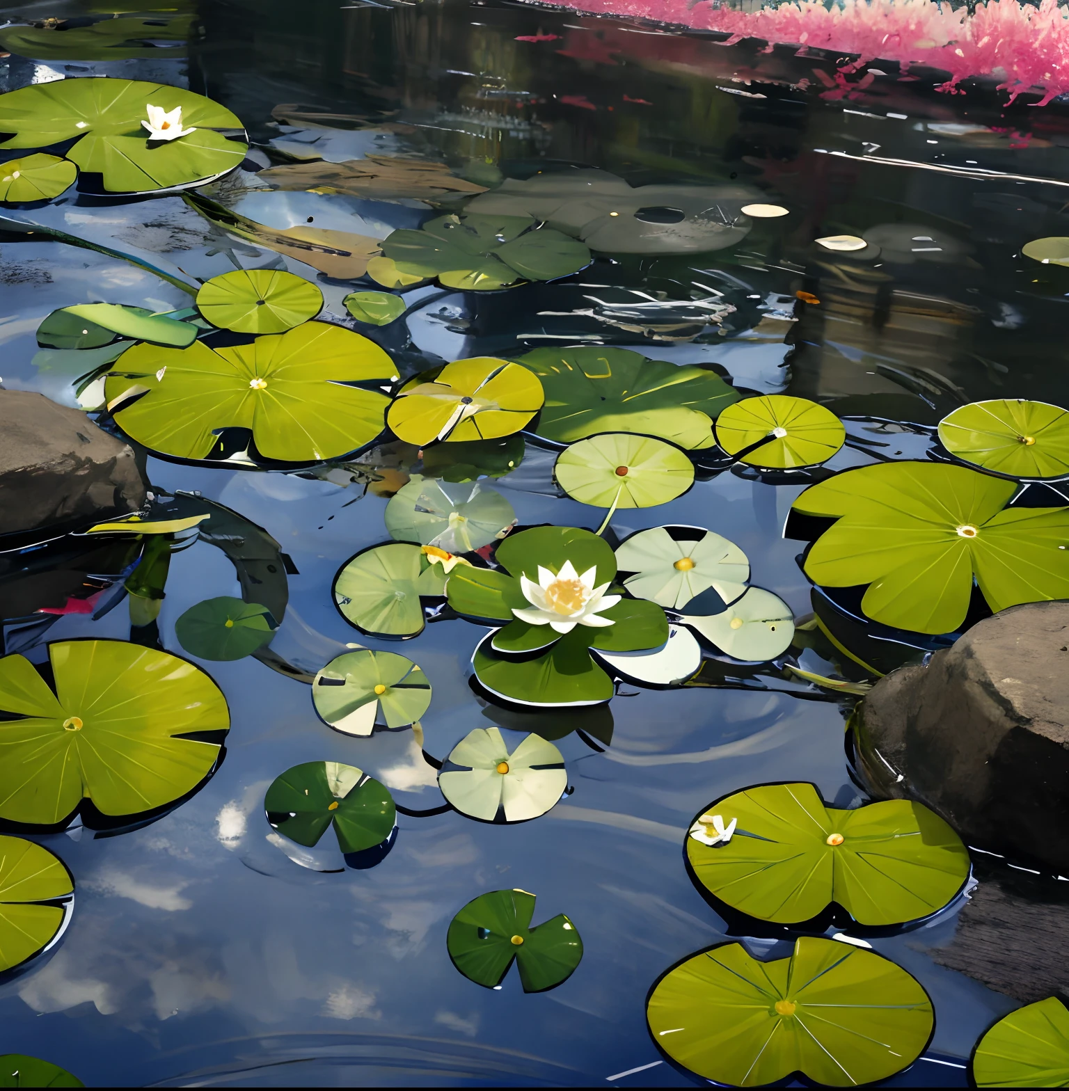 (Masterpiece:1.2), Best quality,fantasy,
scenery, From above, water, No Man, flower, lily pad, Outdoors, rock music, food