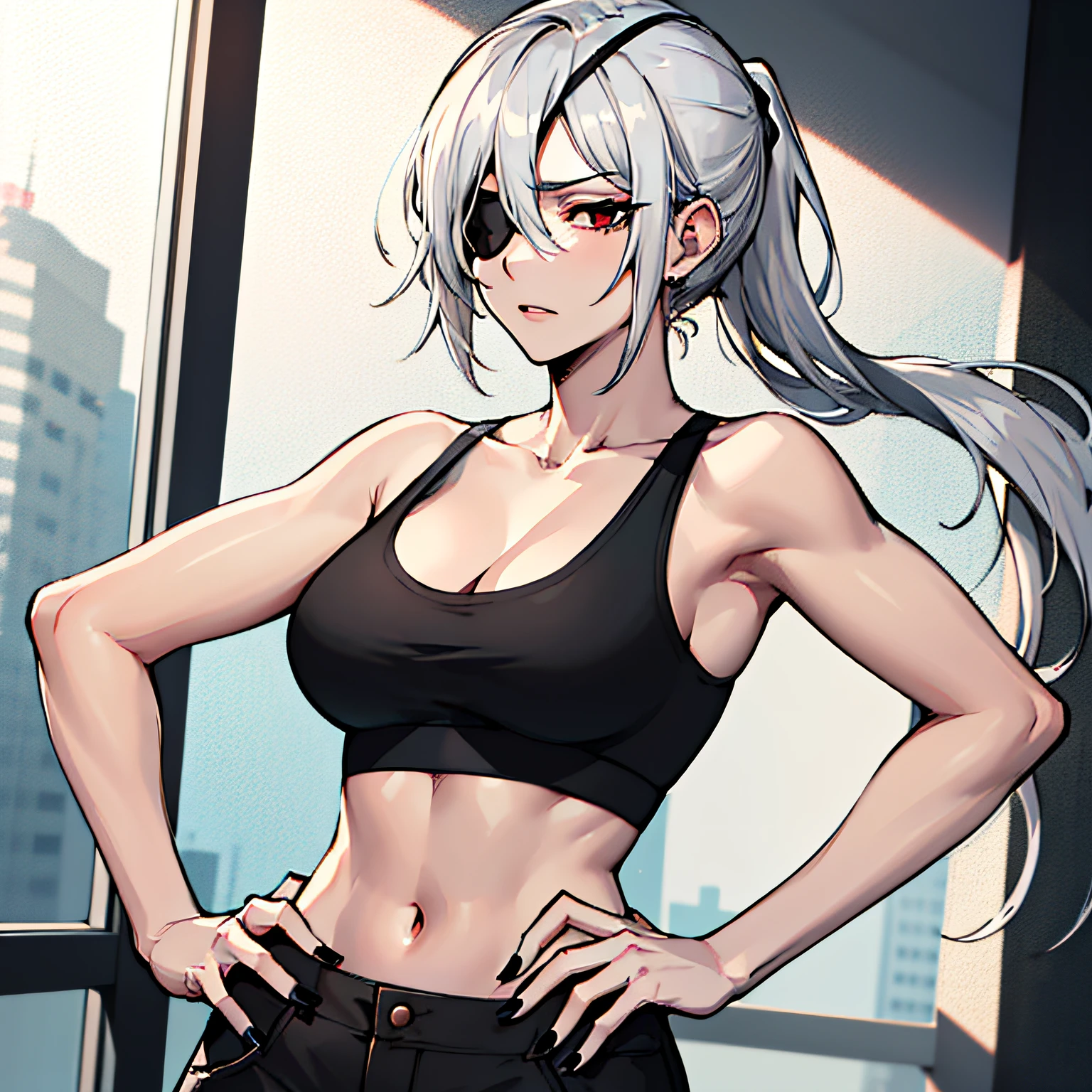 (absurdres, 8k, 4k, masterpiece, hyper extreme detailed:1.2), solo, 1girl, front view portrait, best quality, expressive eyes, perfect face, 1girl, portrait, solo, Female, mature female, adult, pale skin, black nails, white skin, black ribbon, red eyes, black eyepatch, annoyed, swept bangs, side bangs, messy hair, long hair, hair covering forehead, perfect anatomy, anatomically correct, looking forward, forward view, expressive eyes, perfect eyes, quanxi, ponytail, eyepatch, Zero, full body, hand on hip, covered breasts, right hand on head, left hand on hip, solo, leaning back, window background, black sports bra, black shorts