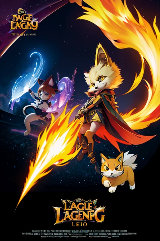 Anime characters fly through the air with cats and dogs, fox from league of legends chibi, background-image, character art of maple story, Banner, side scroller, key art, hero 2 d fanart artsation, Genshin, promotional art, offcial art, kitsune holding torch, medium shot of two characters, komono, style of duelyst