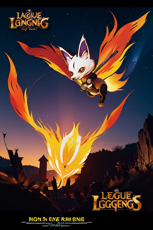 Anime characters fly through the air with cats and dogs, fox from league of legends chibi, background-image, character art of maple story, Banner, side scroller, key art, hero 2 d fanart artsation, Genshin, promotional art, offcial art, kitsune holding torch, medium shot of two characters, komono, style of duelyst