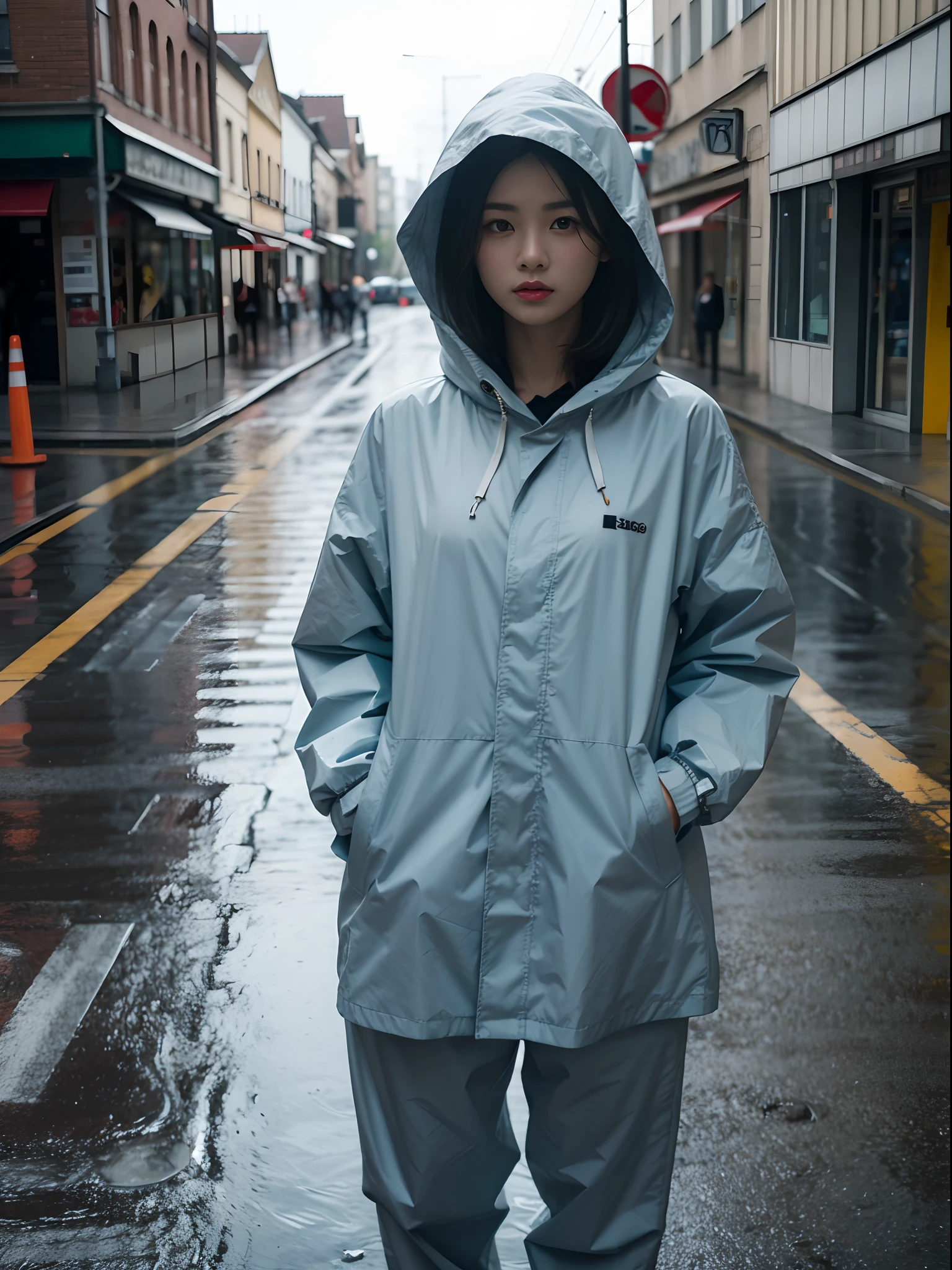 1female, rain coat, pants, standing, upper body, hood on, rain, street, looking at viewer, raw photo, best quality, masterpiece