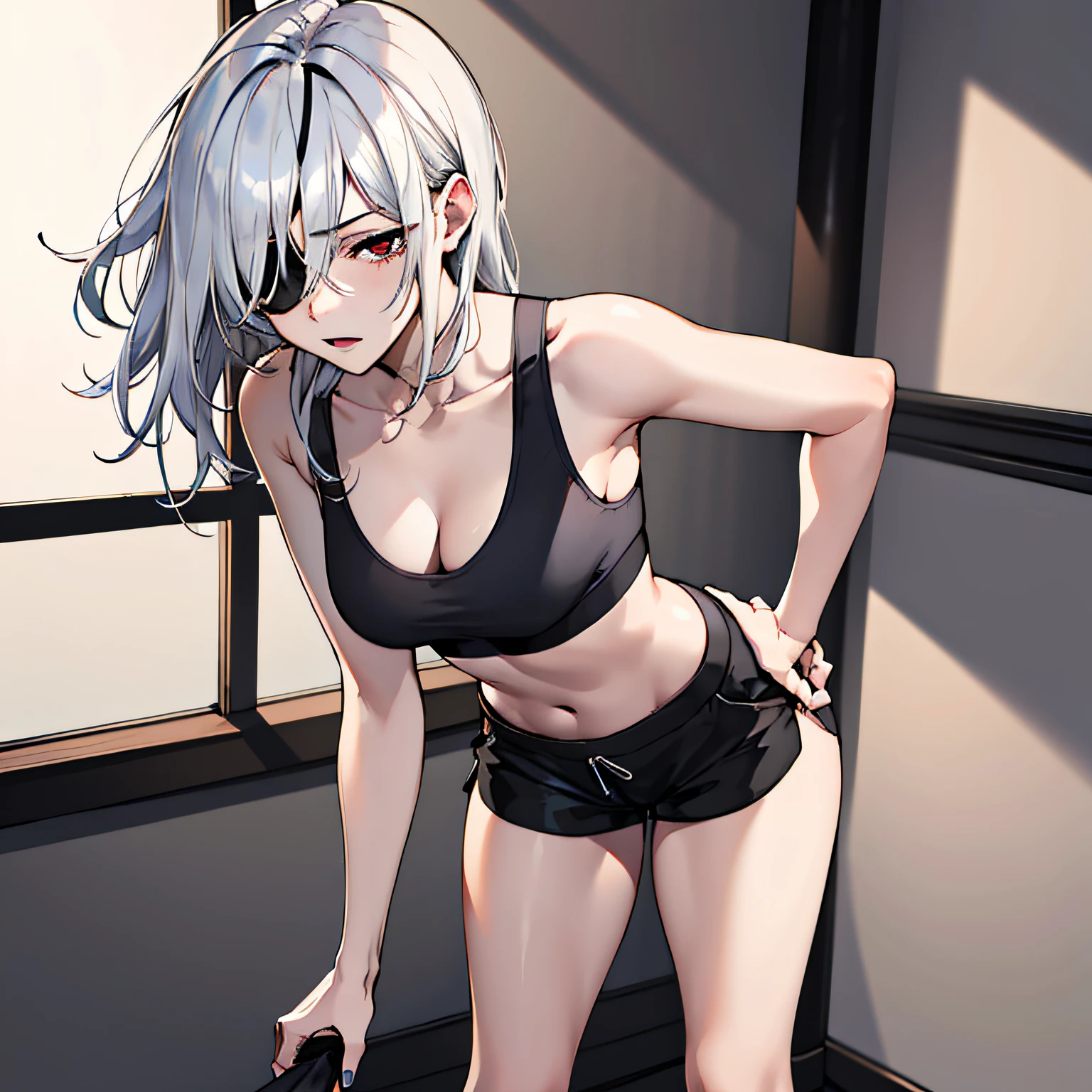 (absurdres, 8k, 4k, masterpiece, hyper extreme detailed:1.2), solo, 1girl, front view portrait, best quality, expressive eyes, perfect face, 1girl, portrait, solo, Female, mature female, adult, pale skin, black nails, white skin, black ribbon, red eyes, black eyepatch, annoyed, swept bangs, side bangs, messy hair, medium hair, hair covering forehead, perfect anatomy, anatomically correct, looking forward, forward view, expressive eyes, perfect eyes, quanxi, ponytail, eyepatch, Zero, full body, hand on hip, covered breasts, right hand on head, left hand on hip, solo, leaning back, window background, black sports bra, black shorts, thighs,