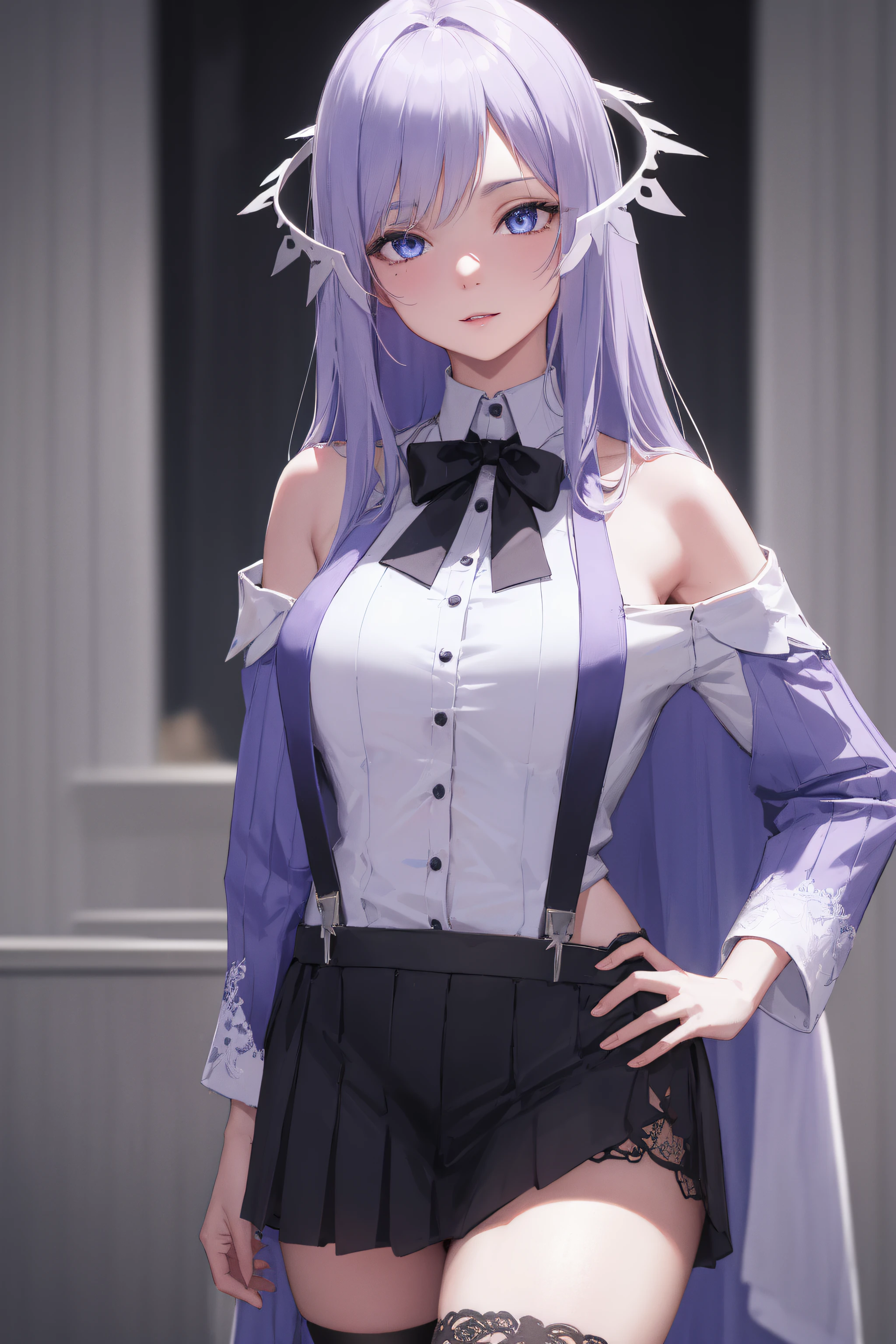 quinella, quinella, absurdly long hair, (purple eyes:1.1), long hair, parted bangs, purple hair, very long hair, hair ornament,medium breast,
BREAK black bowtie, white shirt, sleeveless, off shoulder, grey cardigan, open clothes, sleeves past wrists, black skirt, suspender skirt, thigh strap,
BREAK indoors, bed,
BREAK looking at viewer, (cowboy shot:1.5),pose, hand on hip,
BREAK (masterpiece:1.2), best quality, high resolution,NSW ,unity 8k wallpaper, (illustration:0.8), (beautiful detailed eyes:1.6), extremely detailed face, perfect lighting, extremely detailed CG, (perfect hands, perfect anatomy),