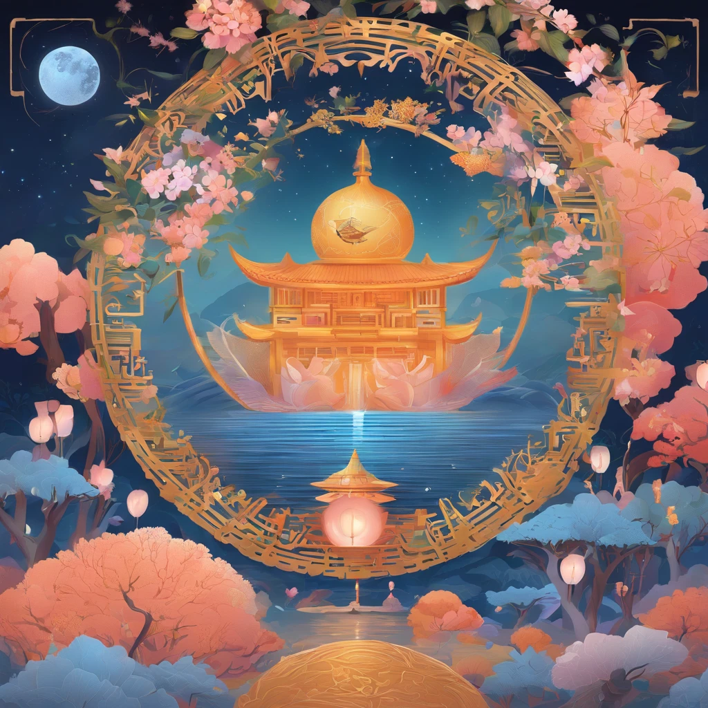 mid-autumn festival, Round Moon, the night, （Mooncakes）, teas, fruit, edgBunny, Chang'e rushes to the moon, symmetry, high detailing, romanticism, spark of light, god rays, Ray tracing, nffsw, retinas, masutepiece, ccurate, Super Detail, high details, High quality, Best Quality, hight resolution, 16 K, Anatomically correct