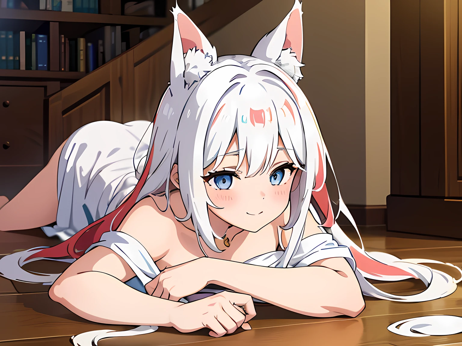 1 girl (cat eared, without human ears), beautiful eyes finely detailed, (two tone hair color (white and red), long hair), tipsy smile, drunk, blush on her face, white dress, lie down on floor, laying her back on the floor, middle ages style bedroom, (half body:0.6), anime best girl, masterpiece sidelighting, ​masterpiece, top-quality, detailed, High resolution illustration