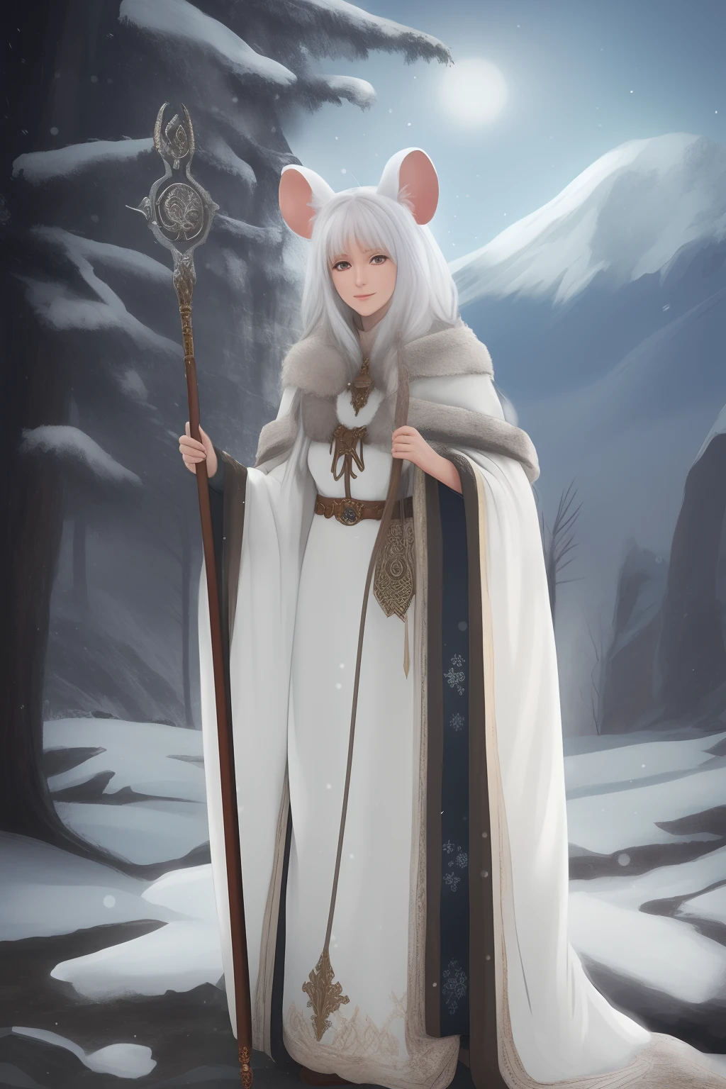 Anime, Mouse ears, mouse tale, woman, mature, winter, winter cloths, mountain, white long hair, druid, staff