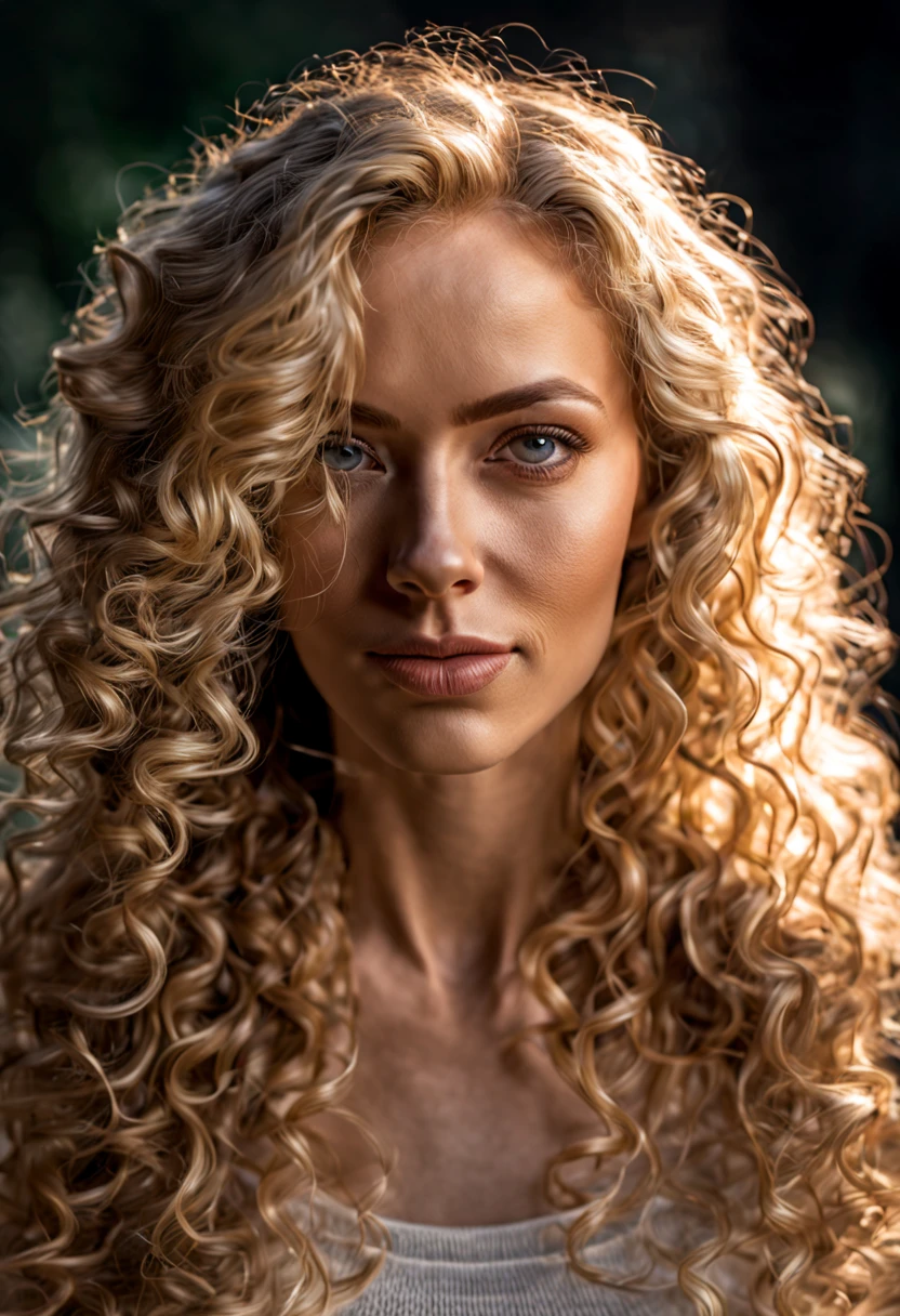 ((half body)) portrait photo of a beautiful 25 years european woman, endless long (extra long curly blonde hair),  Award - winning photograph, Masterpiece, 8k, ultra high res, hyper detailed, beautiful woman, perfect face, rule of thirds, Perfect eyes, Perfect iris, perfect pupils, (perfectly round iris:1.3), Perfect lips, Perfect teeth, dimples, perfect nose, highly detailed hair, ((detailed face)), ((detailed facial features)), (finely detailed skin), pale skin, realistic skin texture, extreme skin details, (pores:0.1),(sweaty:0.8), insane details, intricate details, amazing fine detail, photorealistic, photograph, photorealism, rich colors, lifelike texture, neutral colors, Soft front light,cinematic lighting, dramatic lighting,dappled light on face, backlight on hair, sharp focus, wide angle, film grain, dslr, raw photo, photographed on Nikon