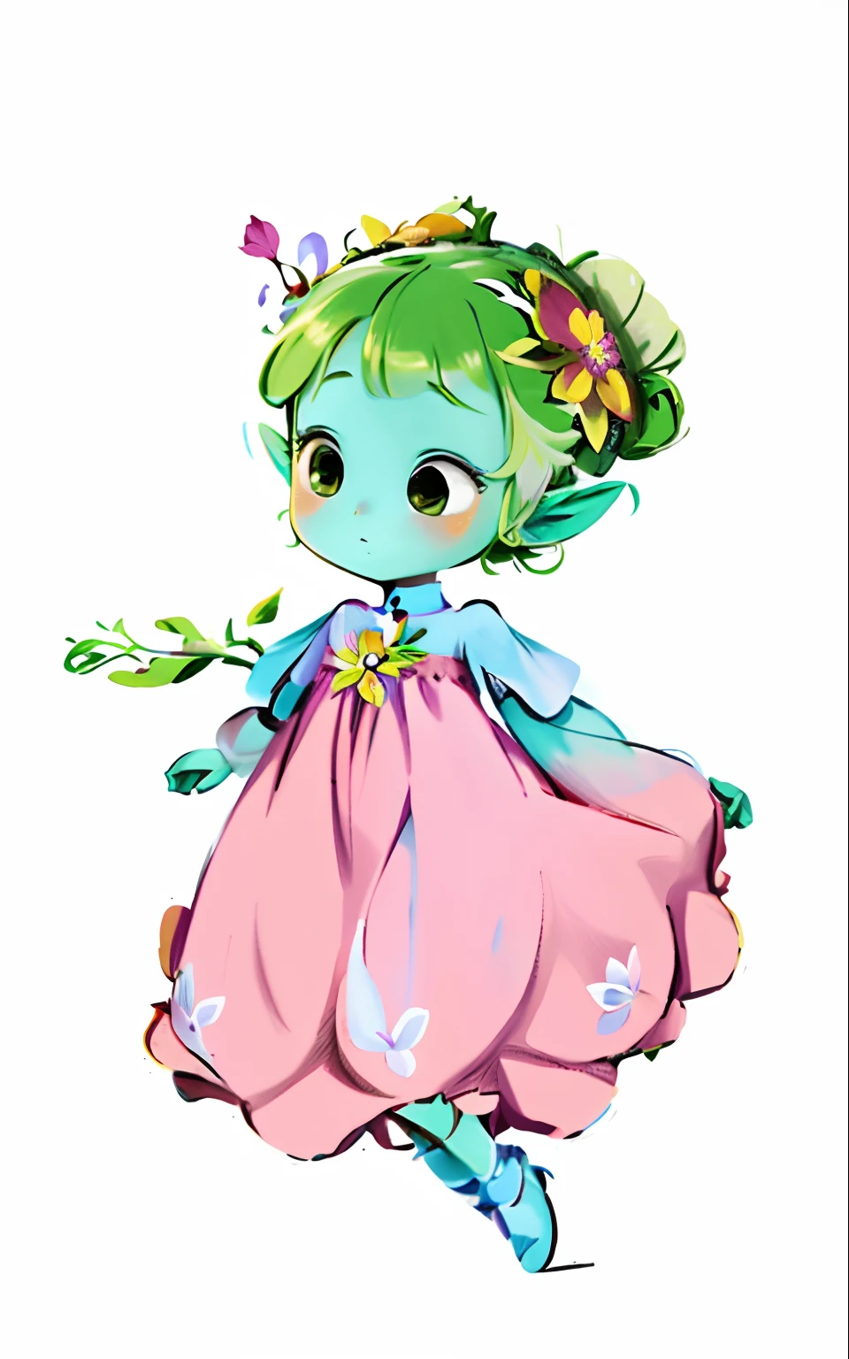 Cartoon girl in pink dress，There is a flower on the hair, elf girl wearing an flower suit, pixie character, humanoid flora, dressed in a flower dress, space flower fairy, flower queen, ethereal flowerpunk, the non-binary deity of spring, flower goddess, flower child, pixie, She has pale blue skin!!!, girl with a flower head，4K，high detal