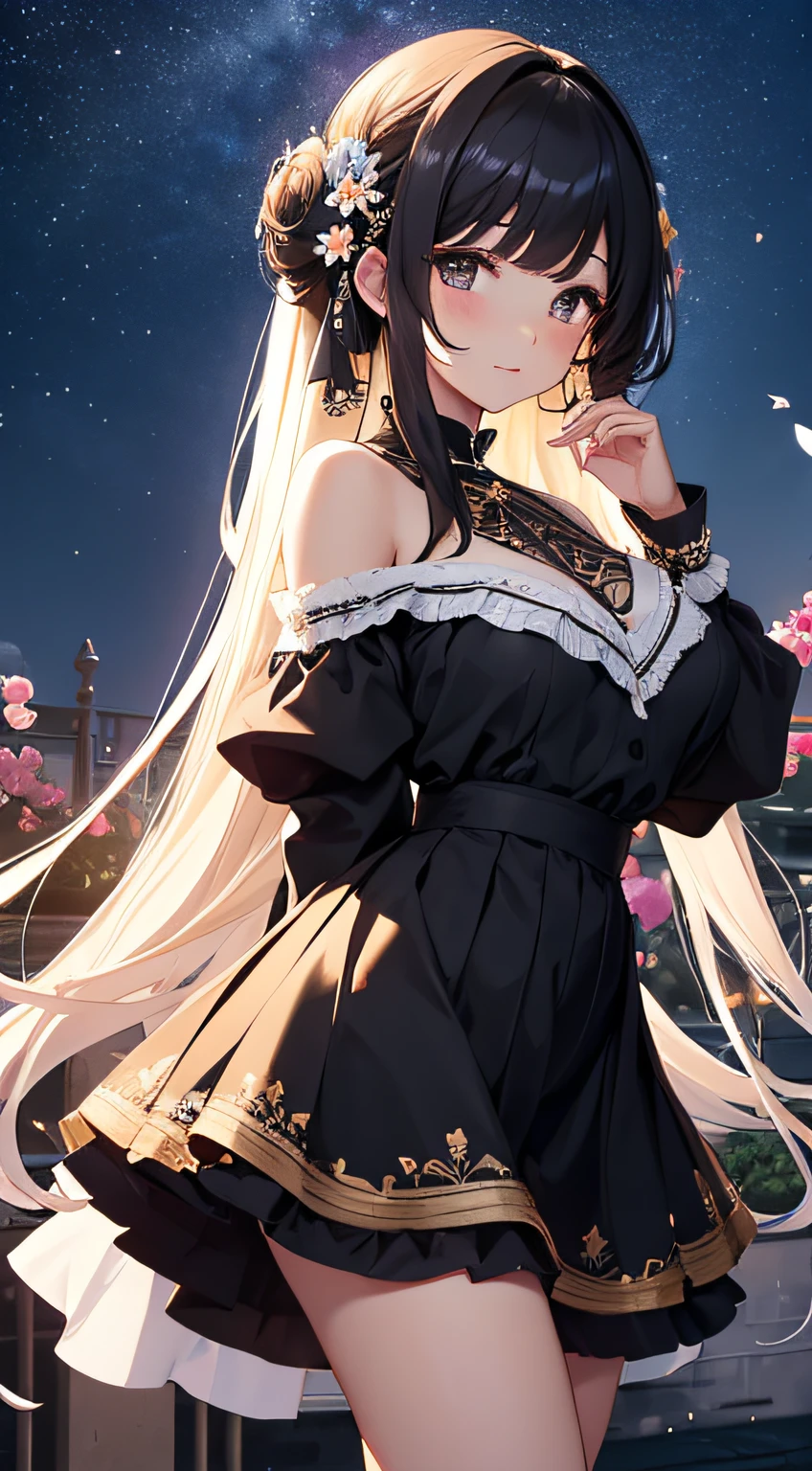 masterpiece、Background with((kosmos、meteors、black hole、Fantastic flower garden emitting light))、About 20 years old、a beauty girl、huge tit、Great embroidery on a yellow mini dress with slits、No Shoulder、Exposing the chest、knee high、hair adornments、heavy wind、white panty、
