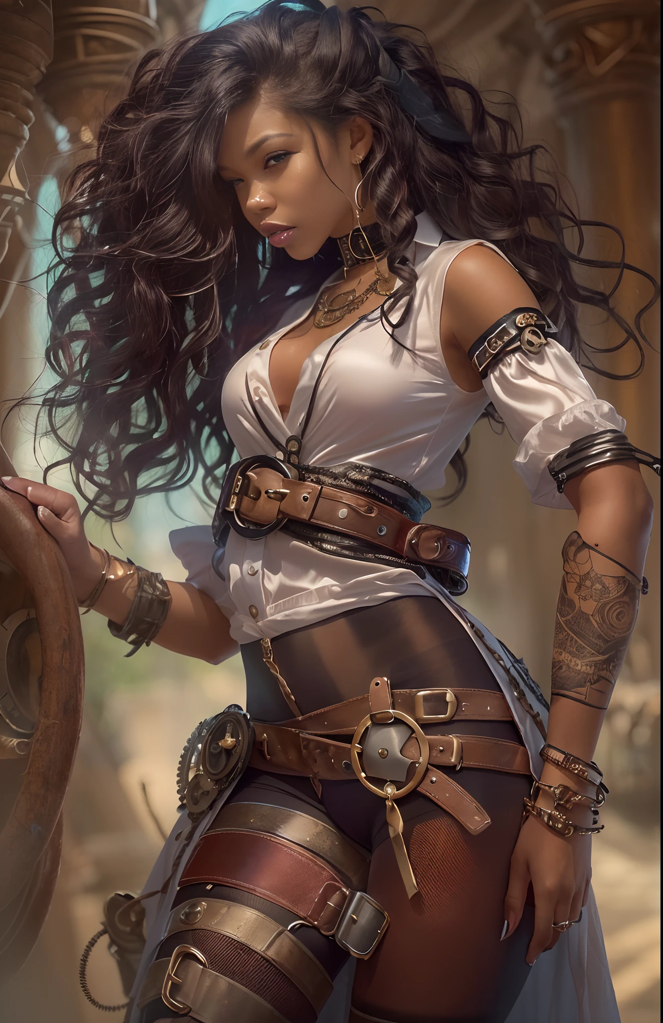 ((21-year-old))) black girl, (((light skin))), (((close-up full body pose))), (((long wavy black hair))), (((silk thigh highs))), (((wearing steampunk clothing, short sleeve white shirt, unbuttoned half way))), african tribal tattoo sleeve, dark fantasy art, Rich, Deep Colours, (intricate details:0.9), (HDR, hyper-detailing:1.2), (natural skin textures, hyper realisitc, soft light, Sharp),