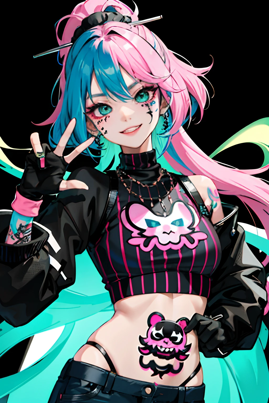 kpop girl with rizz smile face, bad ass, black gloves, bobba shake, neon cyan pink hair, tattoos on hands and neck, piercing, black mixed green striped oversized tomboy ish sweater, cool badass pose, smoke background, colorful smoke background