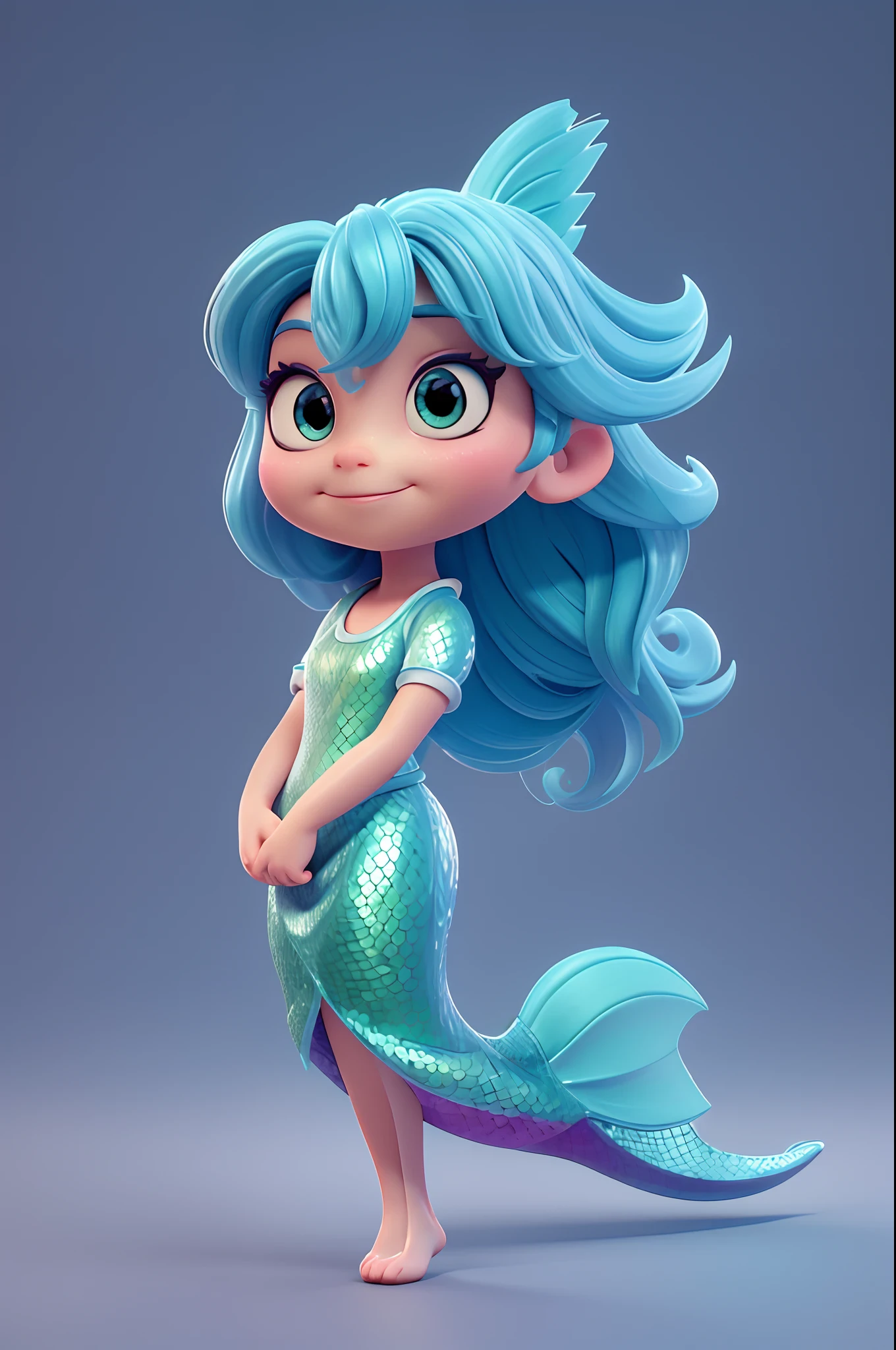 A detailed photorealistic cute, full body Mermaid, small with large eyes, magic, on a white background, Fantasy style, realistic full body, dark colour , magic splash, bright, gothic, t-shirt design, in the style of Studio Ghibli, pastel tetradic colours, 3D vector art, cute and quirky, fantasy art, watercolour effect, bokeh, Adobe Illustrator, hand-drawn, digital painting, low-poly, soft lighting, bird's-eye view, isometric style, retro aesthetic, focused on the character, 4K resolution, photorealistic rendering, using Cinema 4D