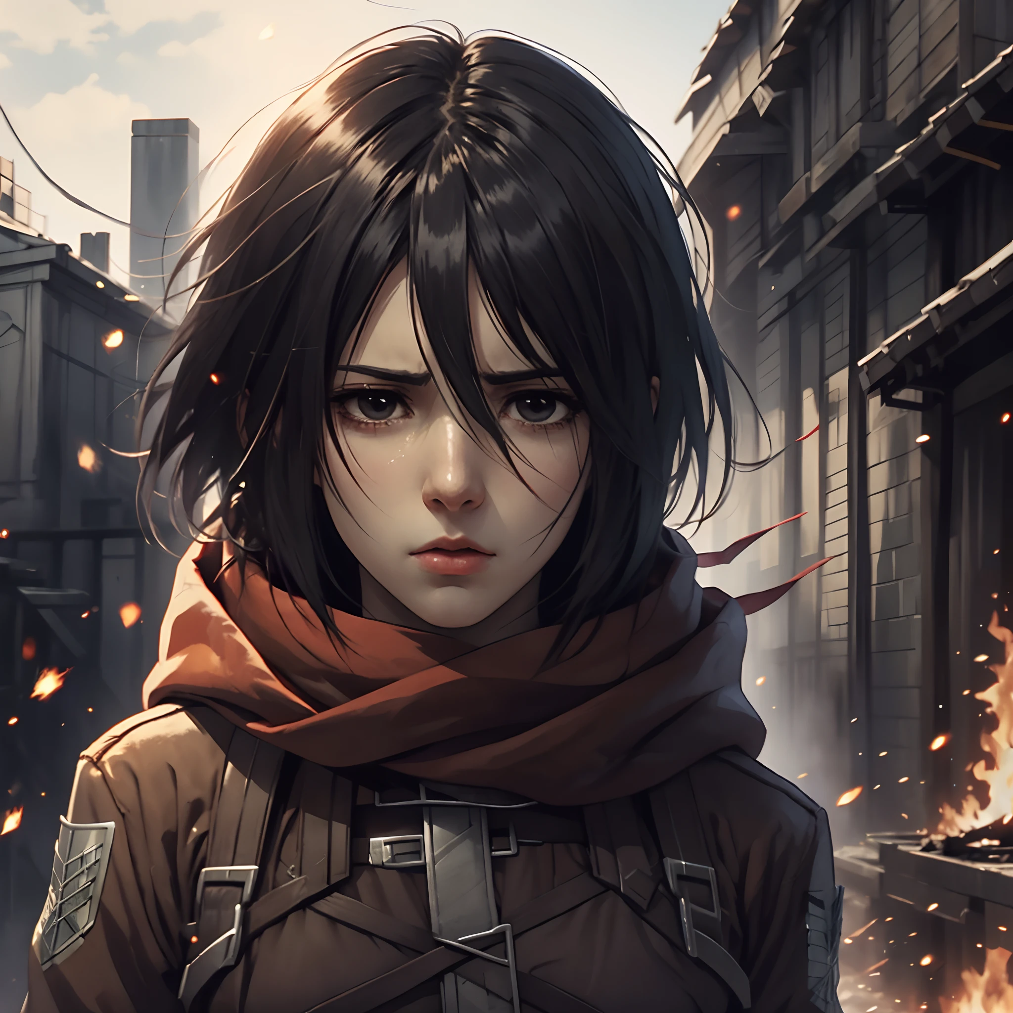 1girl, style cartoon, mikasa ackerman with red scarf around her neck, in survey corps uniform with green hooded cloak, display intense sorrow and depression,  mikasa from anime attack on titan, moment on despair on battlefield, crying face, fire particles after war, shingeki no kyojin, from attack on titan anime, awesome full color, high quality, highly detailed, 8K Ultra HD