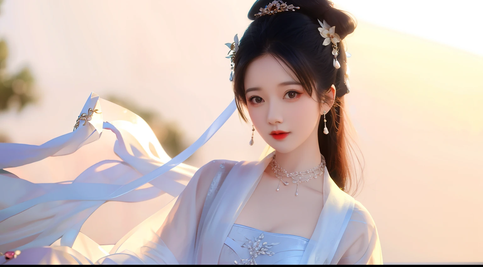 Best quality at best,tmasterpiece,A high resolution,Female 20 years old hundred wrinkled dress,hair adornments,choker necklace,jewely,beauitful face,Physically,dingdall effect,realisticlying,edge lit,twotonelighting,(highdetailskin:1.2),,digital SLR camera,Soft light volume illumination,photore,A high resolution,8k,Background bokeh,mediuml breasts,