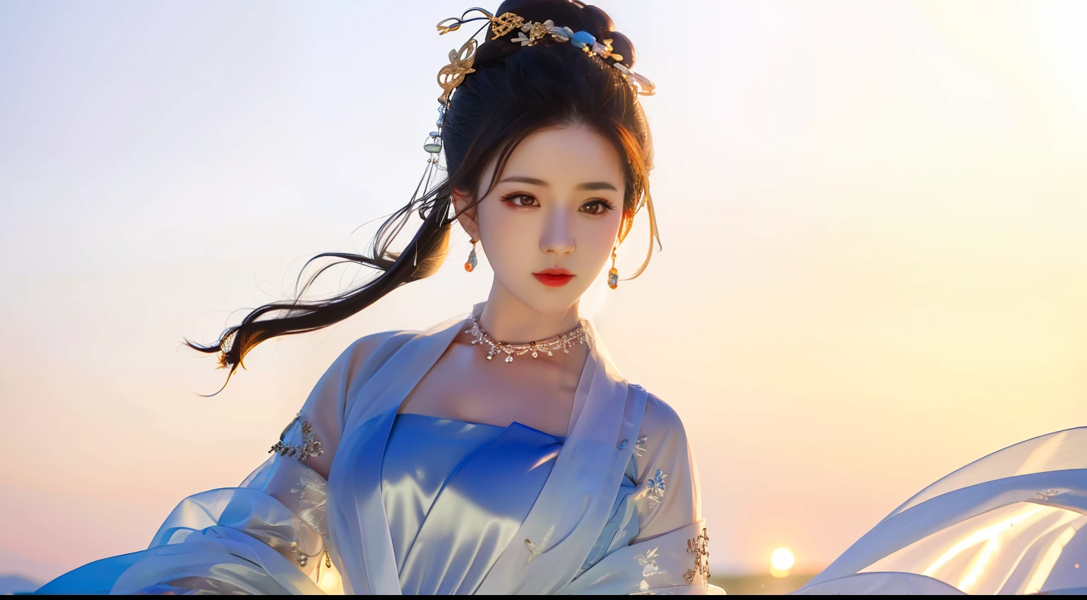 Best quality at best，tmasterpiece，A high resolution，Female 20 years old hundred wrinkled dress，hair adornments，choker necklace，jewely，beauitful face，Physically，dingdall effect，realisticlying，edge lit，twotonelighting，（highdetailskin：1.2），，digital SLR camera，Soft light volume illumination，photore，A high resolution，8k，Background bokeh，mediuml breasts，