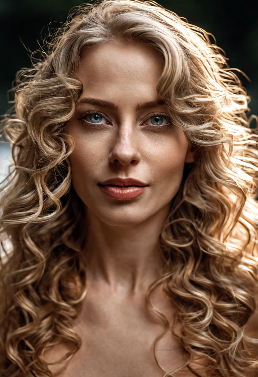 ((half body)) portrait photo of a beautiful 25 years european woman, endless long (extra long curly blonde hair), Award - winning photograph, Masterpiece, 8k, ultra high res, hyper detailed, beautiful woman, perfect face, rule of thirds, Perfect eyes, Perfect iris, perfect pupils, (perfectly round iris:1.3), Perfect lips, Perfect teeth, dimples, perfect nose, highly detailed hair, ((detailed face)), ((detailed facial features)), (finely detailed skin), pale skin, realistic skin texture, extreme skin details, (pores:0.1),(sweaty:0.8), insane details, intricate details, amazing fine detail, photorealistic, photograph, photorealism, rich colors, lifelike texture, neutral colors, Soft front light,cinematic lighting, dramatic lighting,dappled light on face, backlight on hair, sharp focus, wide angle, film grain, dslr, raw photo, photographed on Nikon