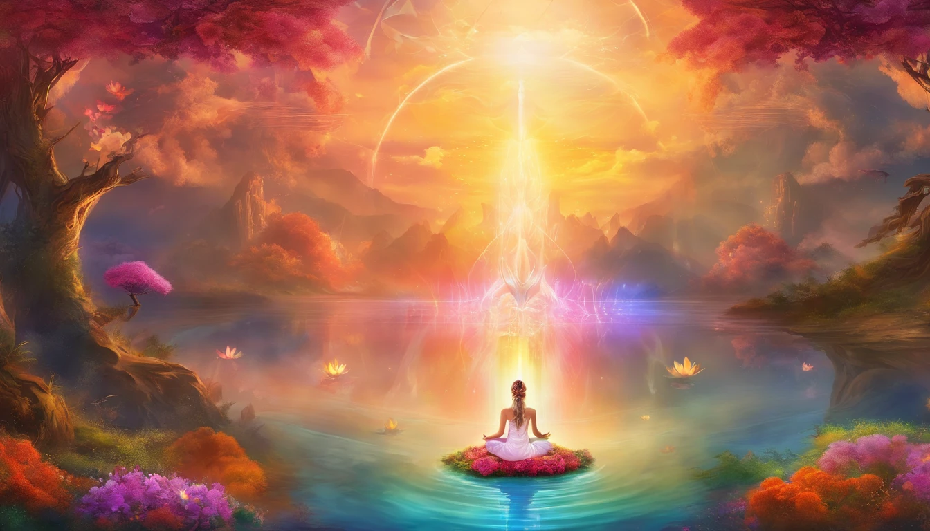 Yoga posiciona o espectro de luz com os sete chakras ao redor, vibrant colorsa colorslashh An explosion of colors, Beautiful woman in white sitting on water lilies, coisas complexas ao redor, intrincado no fundo, Tesouro, ouro, moedas, Espiritual, divino, Sonho, cosmico, Alucinante, DEUS, pineal gland, Sonhe como, (extremamente detalhado CG unidade 16K papel de parede:1.1), (Denoising strength: 1.45), (tmasterpiece:1.37), hyper realistic, raios de deus, ray tracing, UHD, Premiado