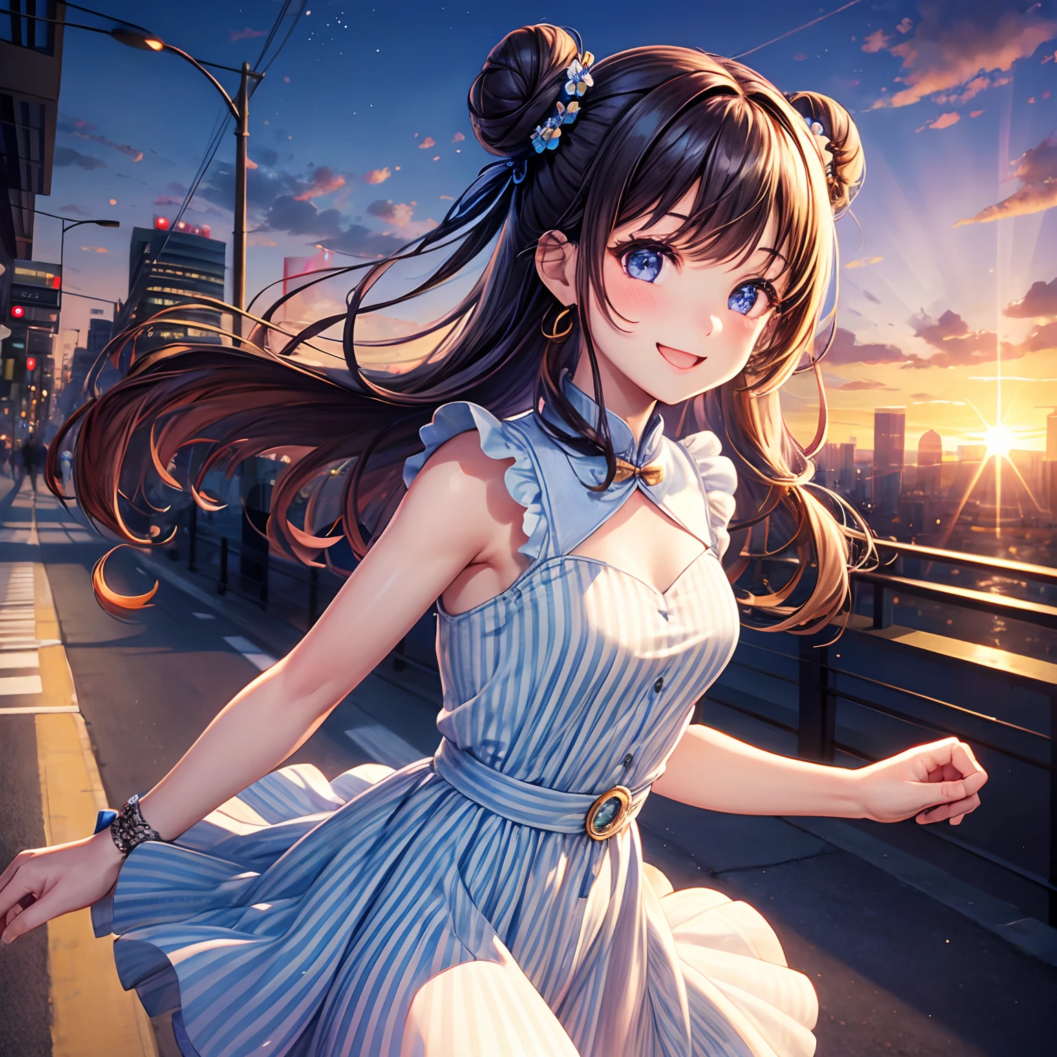 1girl,solo,happysmile,music patterned dress,double bun, city,road,sunset,pansy,nemophila menziesii,best quality,masterpiece,