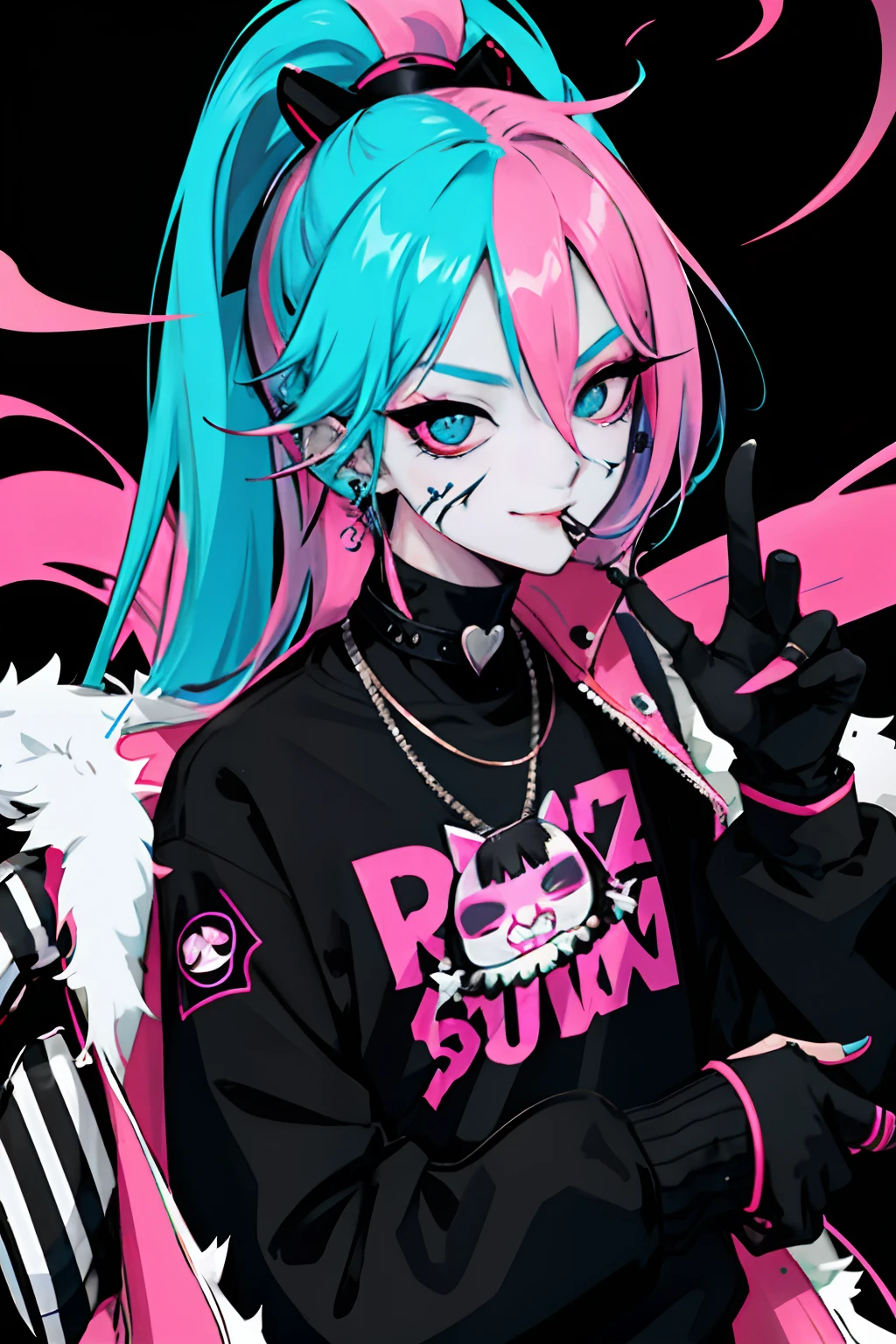 kpop girl with rizz smile face, bad ass, black gloves,neon cyan pink hair, tattoos on hands and neck, piercing, black mixed green striped sweater, cool badass pose, smoke background, colorful smoke background