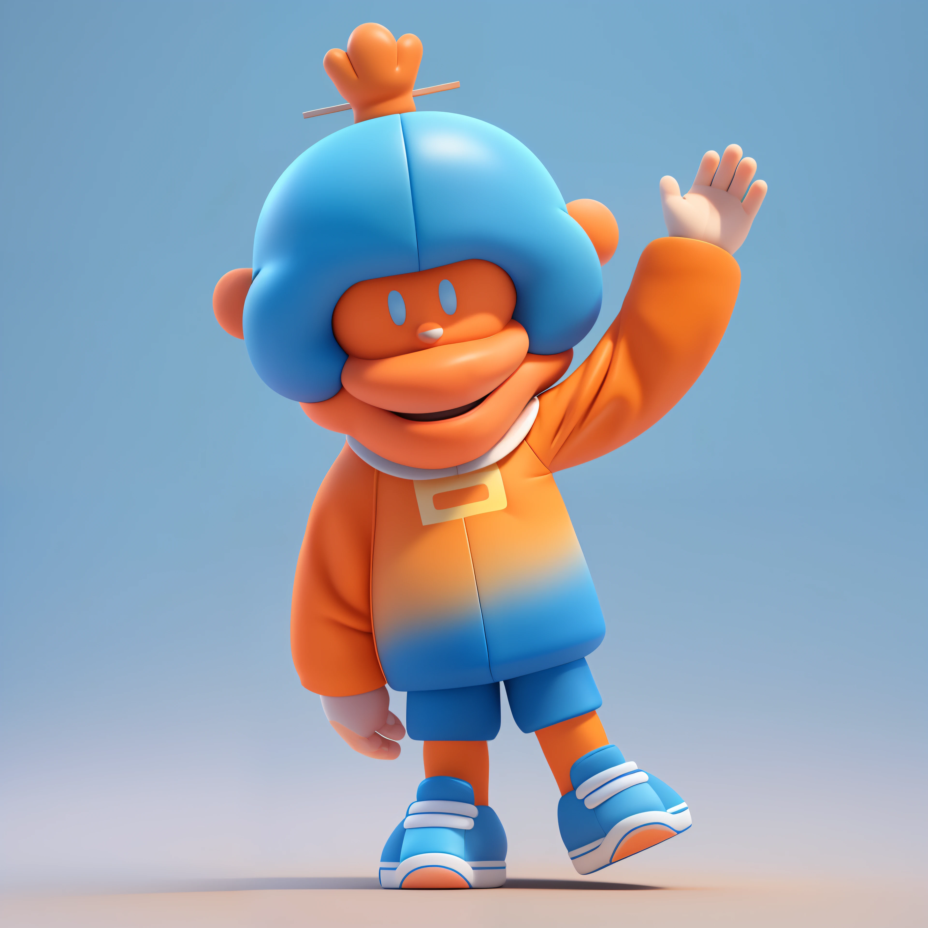 Cartoon image of a boy in a blue and orange costume waving his hands, in orange clothes) Fight, sports mascot, an animated character, wearing track and field suit, character is standing, blippi, full body mascot, japanese mascot, dancing character, The clown waved hello, coloured in blueberra and orange, character with a hat, Blue-orange, merged character, mascot illustrations, ssmile, full body mascot, an animated character, videogame character, animation style render, Stylized 3D, arnold maya render, 3 d render stylized, toon render keyshot, 3d character, 3d character, 3D rendering stylized, 3 d character render, cartoon character, Close-up characters, Character pose, (pixar-style) (Master parts:1.2) (Bokeh) (Best quality) (Detailed skins) (Detail texture) (8K) (Clay) (Cinematic lighting) (foco nítido）
