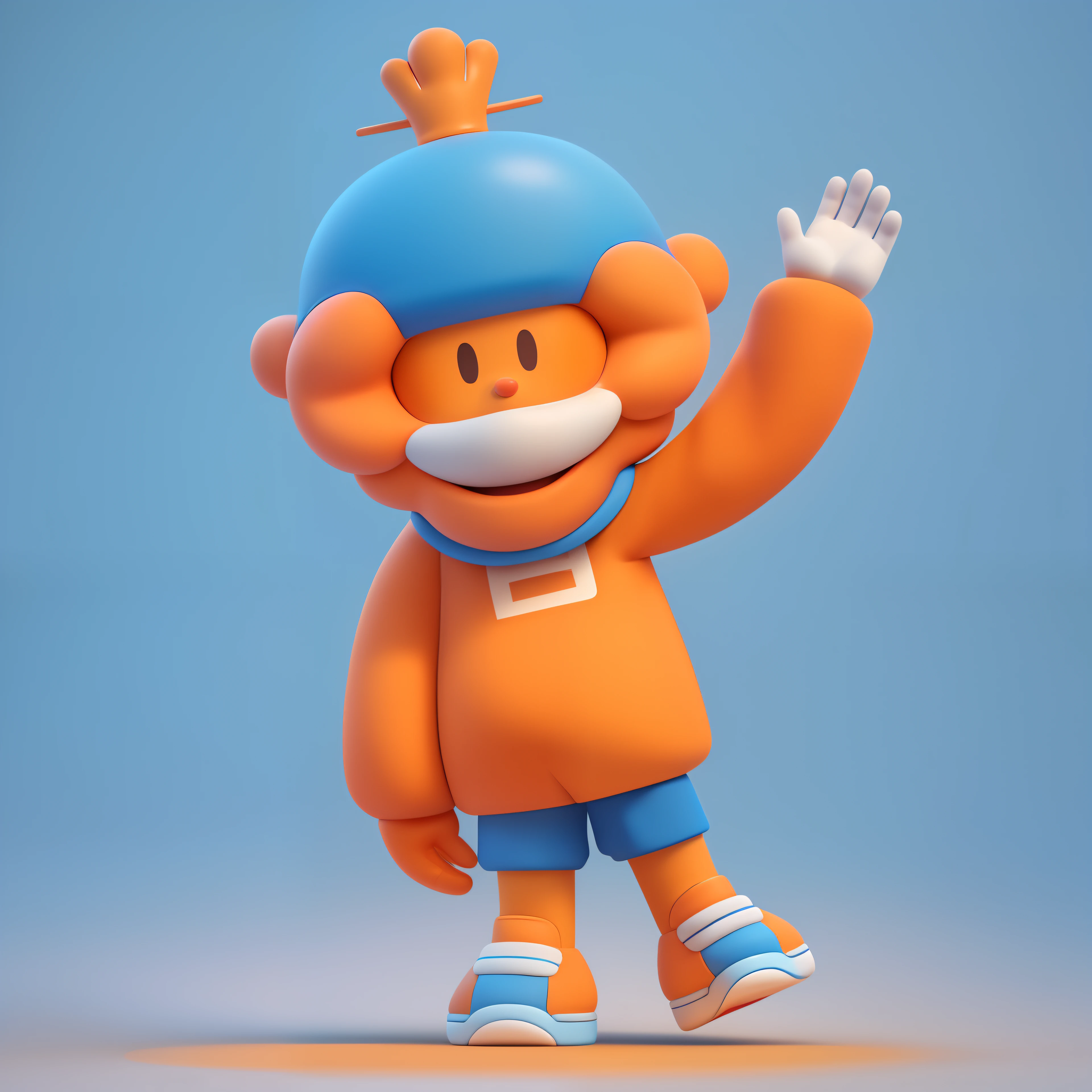 Cartoon image of a boy in an orange costume waving his hands, in orange clothes, Blue head，blue short pants，sports mascot, an animated character, wearing track and field suit, character is standing, blippi, full body mascot, japanese mascot, dancing character, The clown waved hello, coloured in blueberra and orange, character with a hat, Blue-orange, merged character, mascot illustrations, ssmile, full body mascot, an animated character, videogame character, animation style render, Stylized 3D, arnold maya render, 3 d render stylized, toon render keyshot, 3d character, 3d character, 3D rendering stylized, 3 d character render, cartoon character, Close-up characters, Character pose, (pixar-style) (Master parts:1.2) (Bokeh) (Best quality) (Detailed skins) (Detail texture) (8K) (Clay) (Cinematic lighting) (foco nítido）