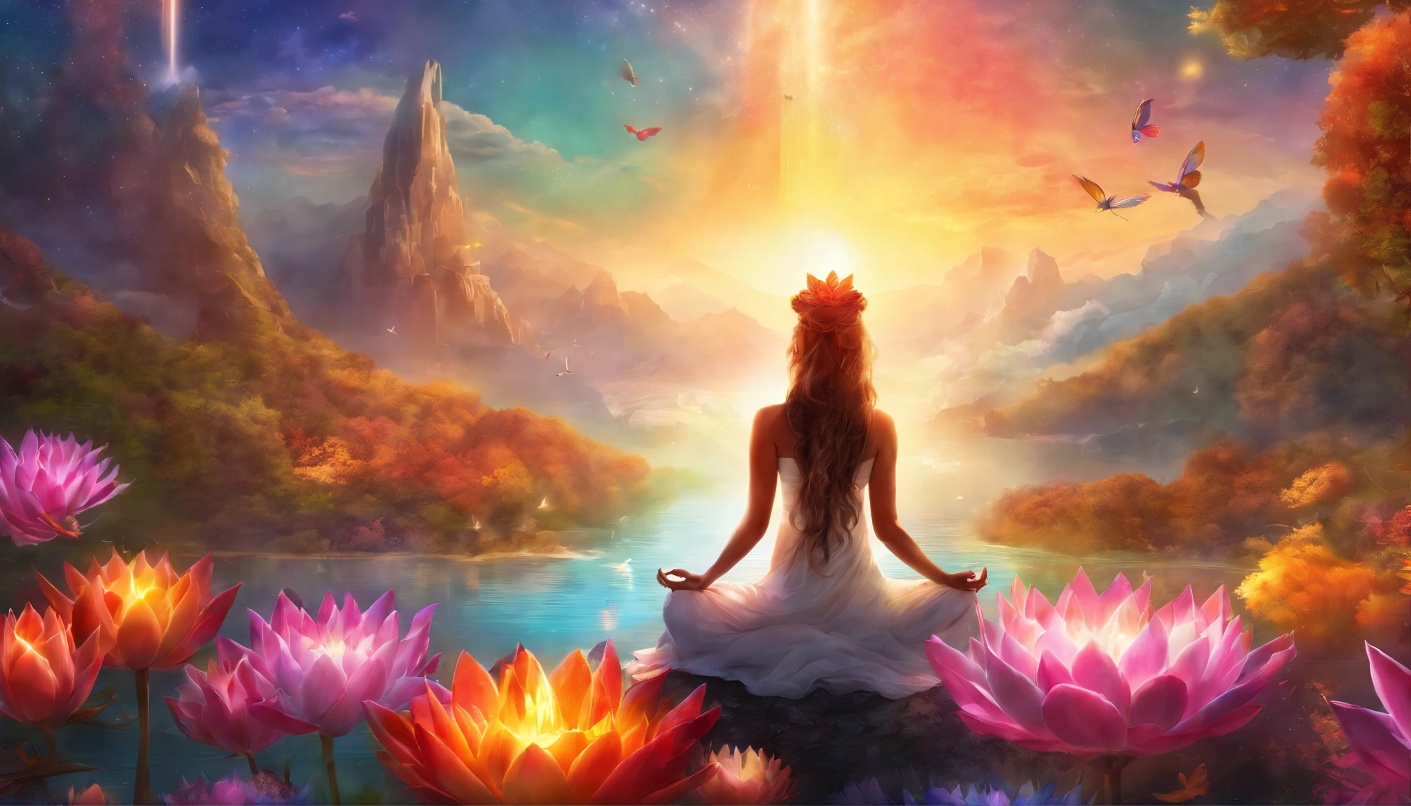 Yoga posiciona o espectro de luz com os sete chakras ao redor, vibrant colorsa colorslashh An explosion of colors, Beautiful woman in white sitting on water lilies, coisas complexas ao redor, intrincado no fundo, Tesouro, ouro, moedas, Espiritual, divino, Sonho, cosmico, Alucinante, DEUS, pineal gland, Sonhe como, (extremamente detalhado CG unidade 16K papel de parede:1.1), (Denoising strength: 1.45), (tmasterpiece:1.37), hyper realistic, raios de deus, ray tracing, UHD, Premiado