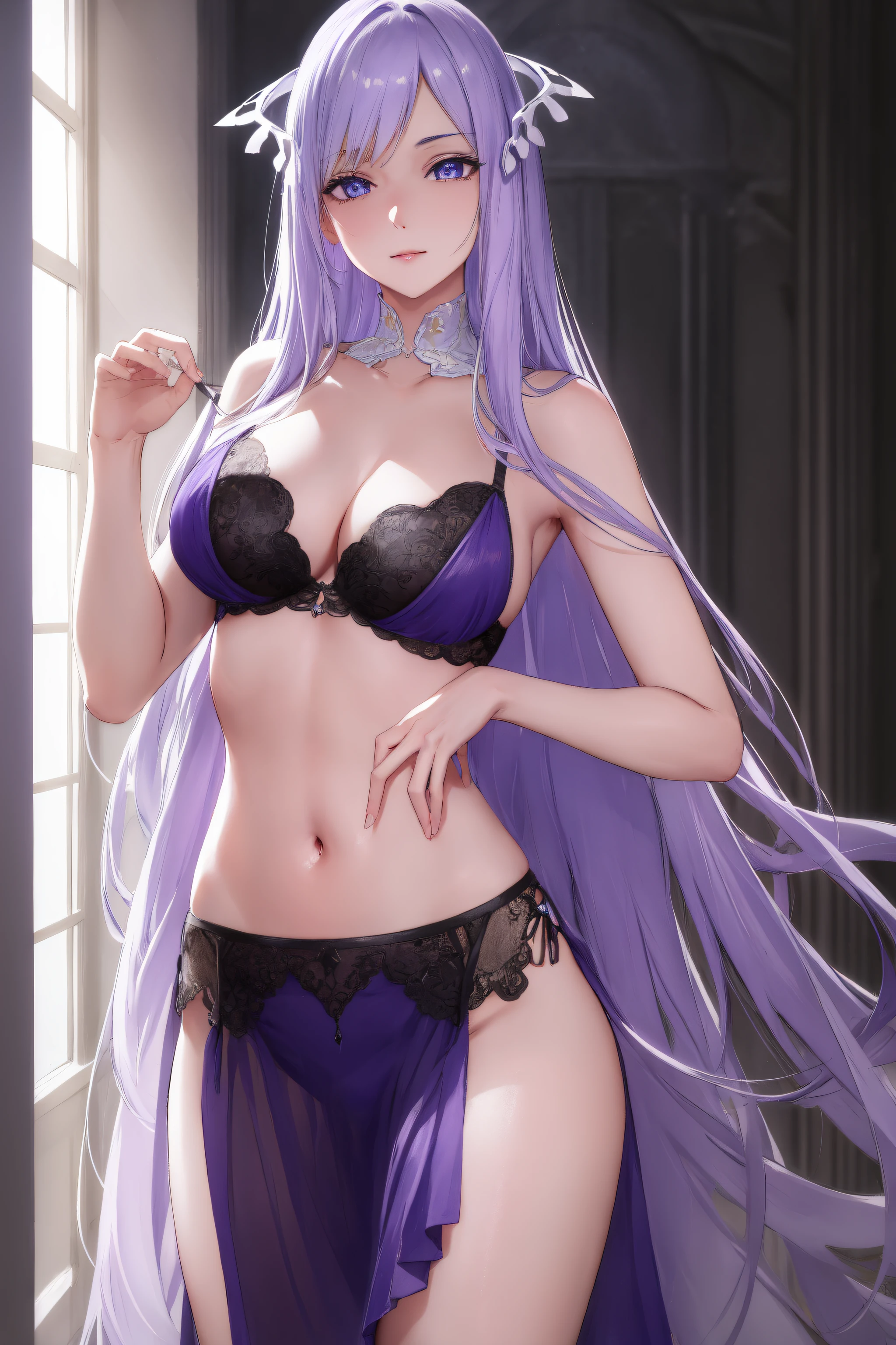 quinella, quinella, absurdly long hair, (purple eyes:1.1), long hair, parted bangs, purple hair, very long hair, hair ornament,medium breast,
BREAK bare shoulders, barefoot, cleavage, collarbone,lace,Black lingerie,navel,white panties, see-through,thighs,Black underwear, garter straps,
BREAK indoors, bed,
BREAK looking at viewer, (cowboy shot:1.5),pose, hand on hip,
BREAK (masterpiece:1.2), best quality, high resolution,NSW ,unity 8k wallpaper, (illustration:0.8), (beautiful detailed eyes:1.6), extremely detailed face, perfect lighting, extremely detailed CG, (perfect hands, perfect anatomy),