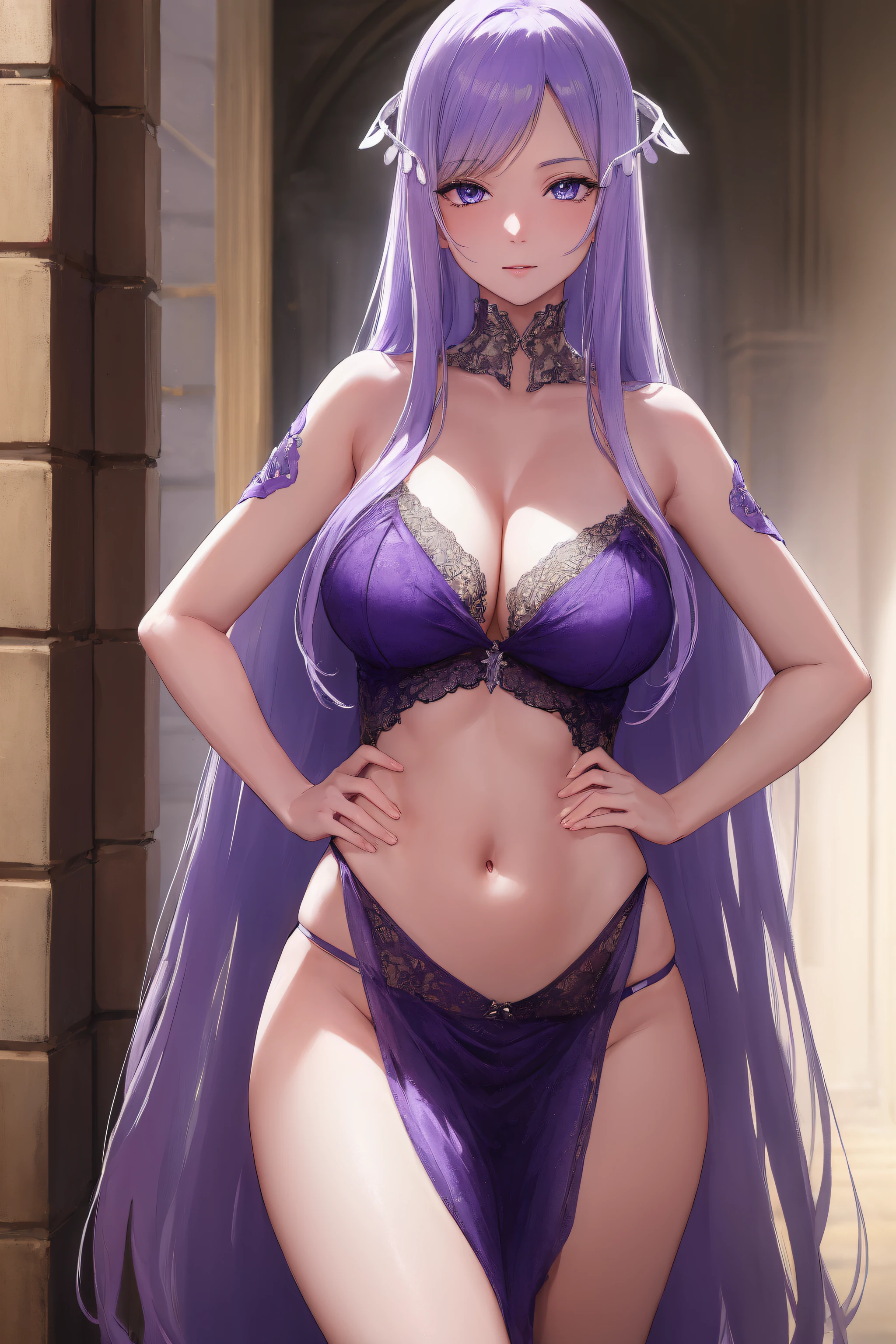 quinella, quinella, absurdly long hair, (purple eyes:1.1), long hair, parted bangs, purple hair, very long hair, hair ornament,medium breast,
BREAK bare shoulders, barefoot, cleavage, collarbone,lace,Black lingerie,navel,white panties, see-through,thighs,Black underwear, garter straps,
BREAK indoors, bed,
BREAK looking at viewer, (cowboy shot:1.5),pose, hand on hip,
BREAK (masterpiece:1.2), best quality, high resolution,NSW ,unity 8k wallpaper, (illustration:0.8), (beautiful detailed eyes:1.6), extremely detailed face, perfect lighting, extremely detailed CG, (perfect hands, perfect anatomy),