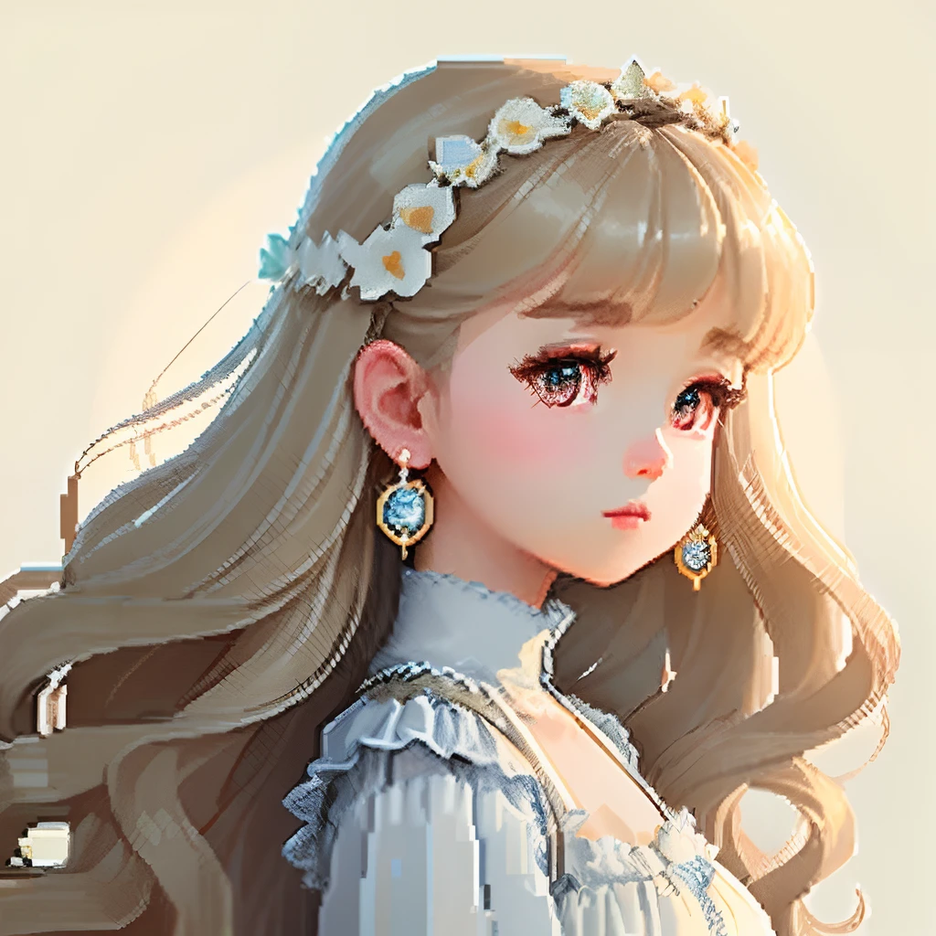 I was wearing an antique dress,large earring、Clothing consisting of pale blue color, Brown and beige、Girl with dull grey long S-shaped curls、Look back and look at this.、Pixel art、Pixel Art Illustration、pixels、Plain background、Upper body、For icons、pixels_Art Book,Composition centered on the face、Katyusha、pixels、Game-style illustration、Pixel art、pixels、without background、The background is all beige、pixels、Big hair ornament、graceful dress、Loose fluffy、White background、、simple background、A girl 、Beautiful eyes like jewels、pixels、pixels