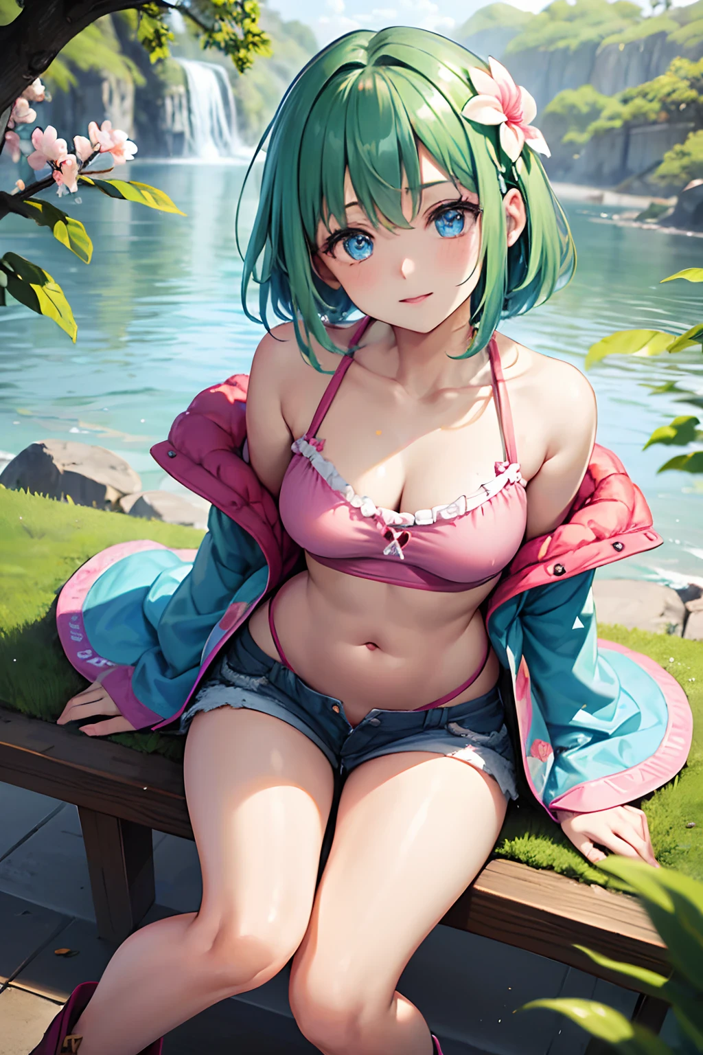 colorful auspicious clouds, sakura, leaf, tree, waterfall, acorn, soil, blurry_foreground, 1girl, day, painting, depth_of_field, blurry, (best quality), ((masterpiece)), cute anime girl, green hair, short hair, pink t-shirt, cutout above navel, blue denim shorts, black boots, forest, c(lean detailed faces), analogous colors, beautiful gradient, clean image, high quality, high detail, high definition, cute face, 4k resolution, full body, ultra sharp focus, extremely detailed eyes, blue eyes, detailed symmetric realistic face, extremely detailed natural texture, perfectly centered medium upper shot, nikon d850 film stock photograph, kodak portra 400 camera f1.6 lens, extremely detailed, amazing, fine detail, rich colors, one body, fully clothed, face, head in frame, body in frame, good proportions