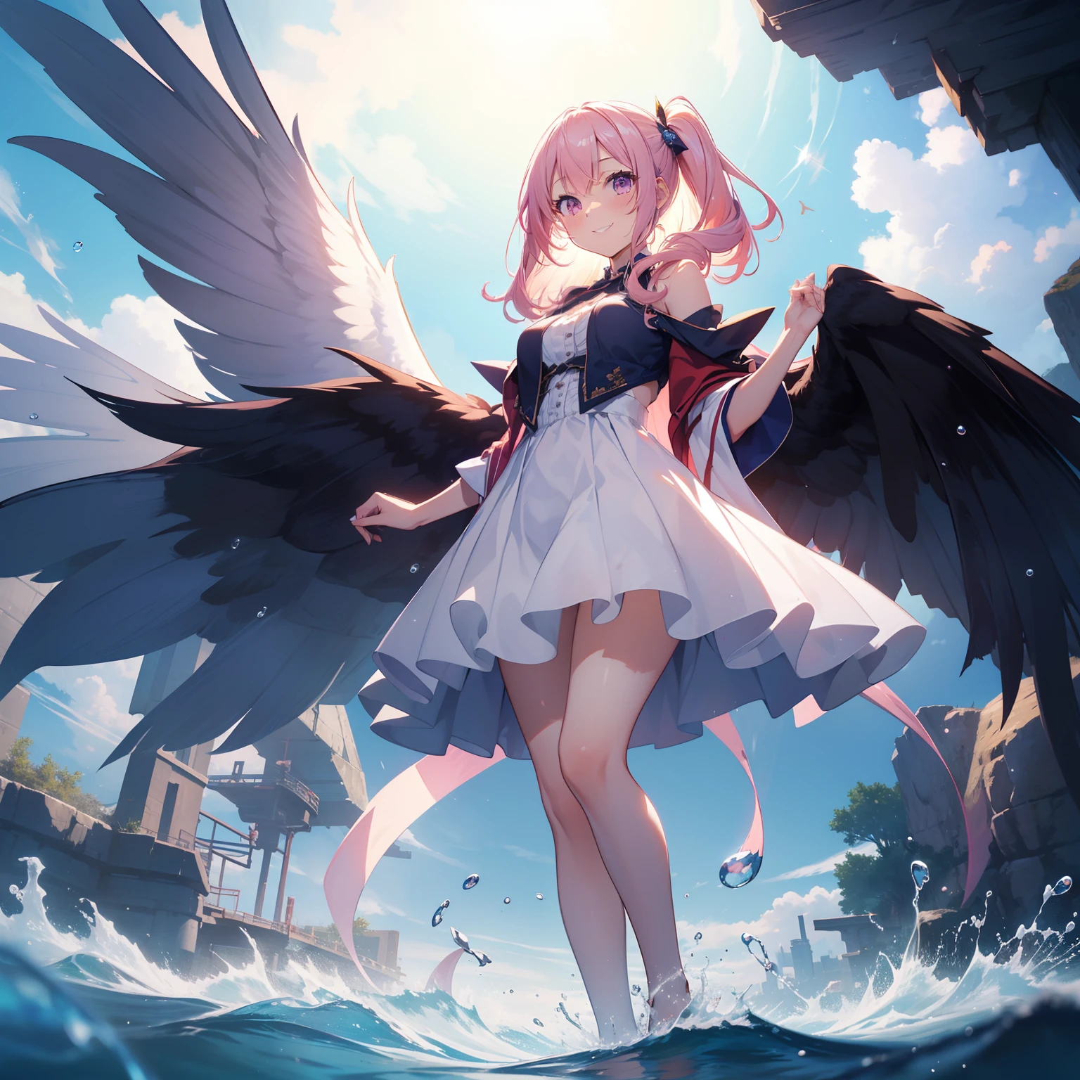 (masutepiece,Best Quality,8K),(extremely detailed CG1.1),Girl standing on the surface of the water emitting a beautiful light,Smile,(From below:1.2),Intricate details , Hyper realistic, Perfect Anatomy,A pink-haired,Twin-tailed,Purple eyes,Permed hair with wavy hair,(((length hair))),hair slicked back,(((Standing))),Full body,White Dress,blush,Happy smile,Blue sky,Horizon, Splash, Water droplets,Lens Flare,Wind,Magnificent view,(chromatic abberation:1.3),Dynamic Angle,bird flocks,Cowboy Shot,Looking at Viewer