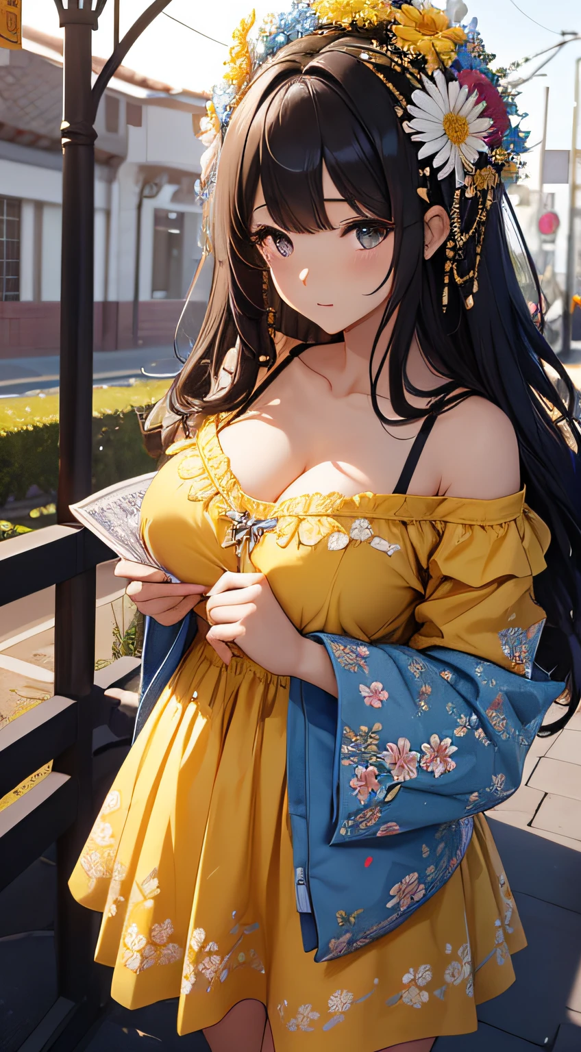 masterpiece、background（（Cosmos、meteor、Black Hole、A garden of shining flowers））、About 30 years old、Beautiful girl、Glamour、Huge boobs、So big it&#39;s spilling out of the clothes、A revealing yellow mini dress with stunning embroidery、No shoulders、Expose the chest、Take it off、Beautiful floral hair ornament、Strong winds、panties、Underwear is visible