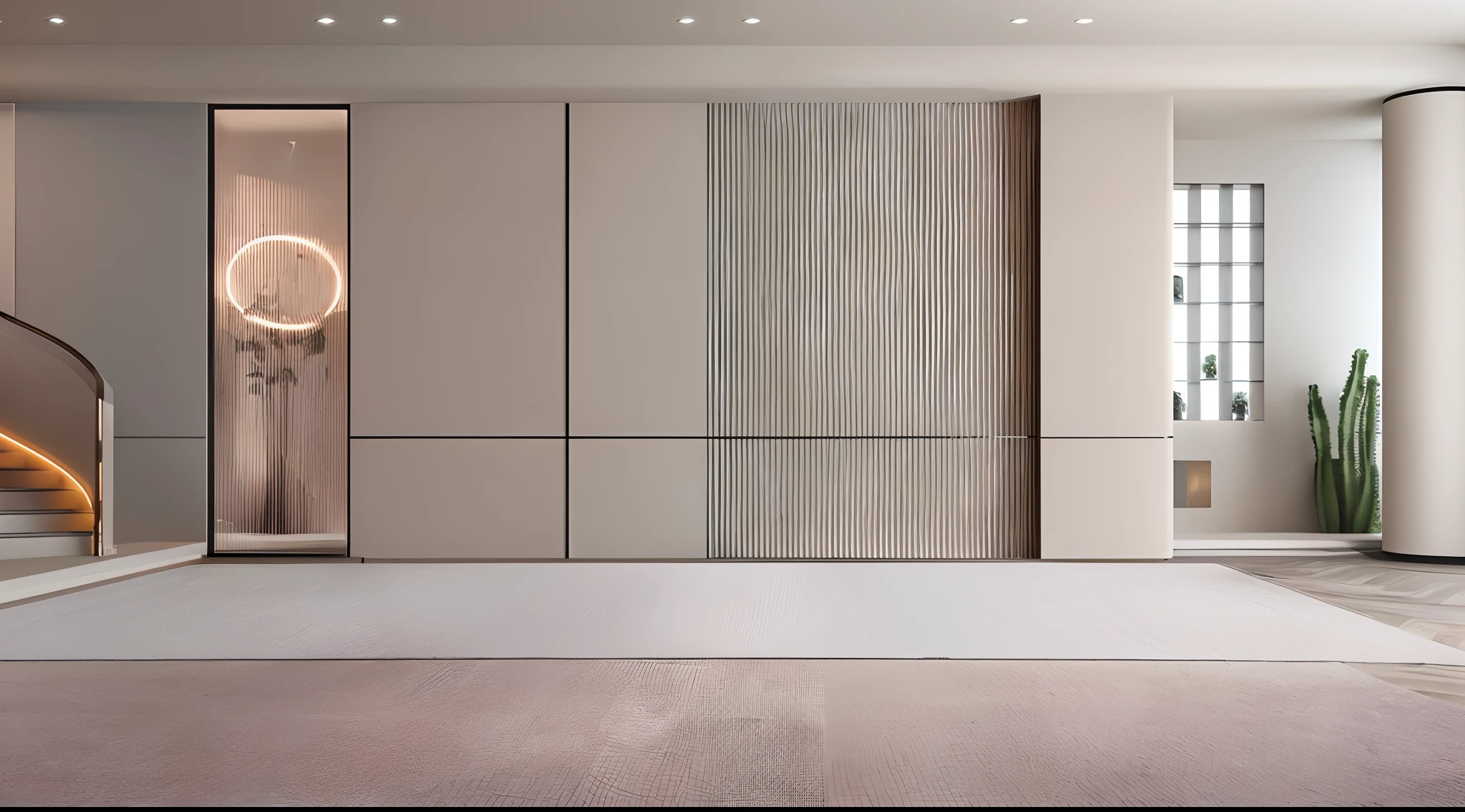 There is a large room with a staircase and a large mirror, smooth panelling, elegant wardrobe, inspired by David Chipperfield, minimal modern, elegant futuristic wardrobe, Modern studio light pastel colors, paneled walls, eora, Showcase, wall ], personal room background, ballroom background, elegant minimalism, sparse room, sand - colored walls, 2020