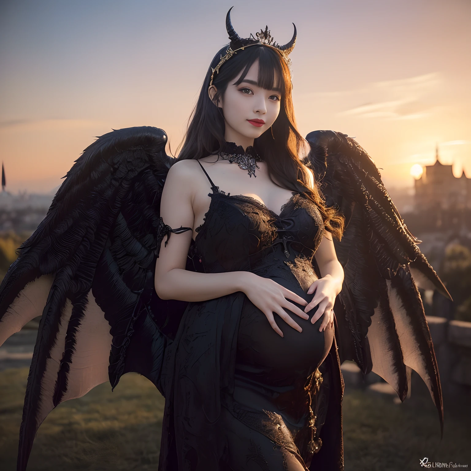 ((masutepiece、top-quality、Award-Winning Works、Highly detailed and elaborate textures、The most complex and detailed textures、The most complex and detailed textures of wings and horns、Super High Detail))、((A very beautiful demon queen,Pregnancy,slightly bulging belly,Small buttocks,Slender body,Buttocks are small,The face of the cutest idol in Japan,Wings with the most realistic and intricate textures,The most detailed and intricate wing textures,Luxurious long dresses,The background is a complex and detailed castle exterior,Giant Devil Tiara,Big Princess Dresses,Final form as a complete demon,The Devil's Masterpiece,Frightening giant wings,Huge and intricate demon wings,Big Devil's Horn,Realistic and big horns,Creepy horns,Wings with a very elaborate texture,Wings with a very complex texture,Creature wings with a very realistic texture,Wings of a terrifying monster,The most intricate and luxurious gothic black dress,Bright red lipstick, The most gorgeous princesses dress up with achievements,The most beautiful princesses in the world,Spooky and beautiful demons,The cutest face,Intricate and solemn black dress,Evil and beautiful demon,The most majestic appearance of the Demon Queen,Huge Queen Tiara,The most complex depictions of demons,Accurate reproduction of perfect demonic details,The appearance of an unimaginably gorgeous demon,The unimaginably huge and beautiful appearance of the demon,Complex medieval European castle in the background,The most intricate and detailed castle appearance,The perfect castle,With the sunset and the castle in the background,Castle dyed in the sunset,Fantastic sunset,Romantic sunset,spectacular movie lighting,Sparkling sunset)),((Most beautiful face,Half Japan and half Spanish,The happiest smile,Beautiful wavy hair,The most luxurious and intricate dresses,The biggest smile staring at the camera,A dress that tightens the waist,Slimed,Giant wings of the devil,masutepiece,8K,very intricate,ultra-detailliert))
