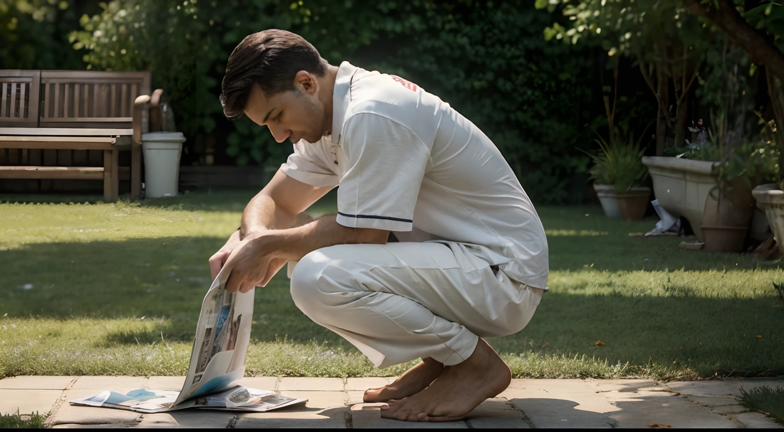((Top Quality, 8K, masterpiece: 1.3)), Man picking up newspaper in yard, I bow down, Standing bent down and picking up a newspaper, Man picking up newspaper, Good Weather, Sunny weather, morning, Male in his 30s, slipper, Pajamas,