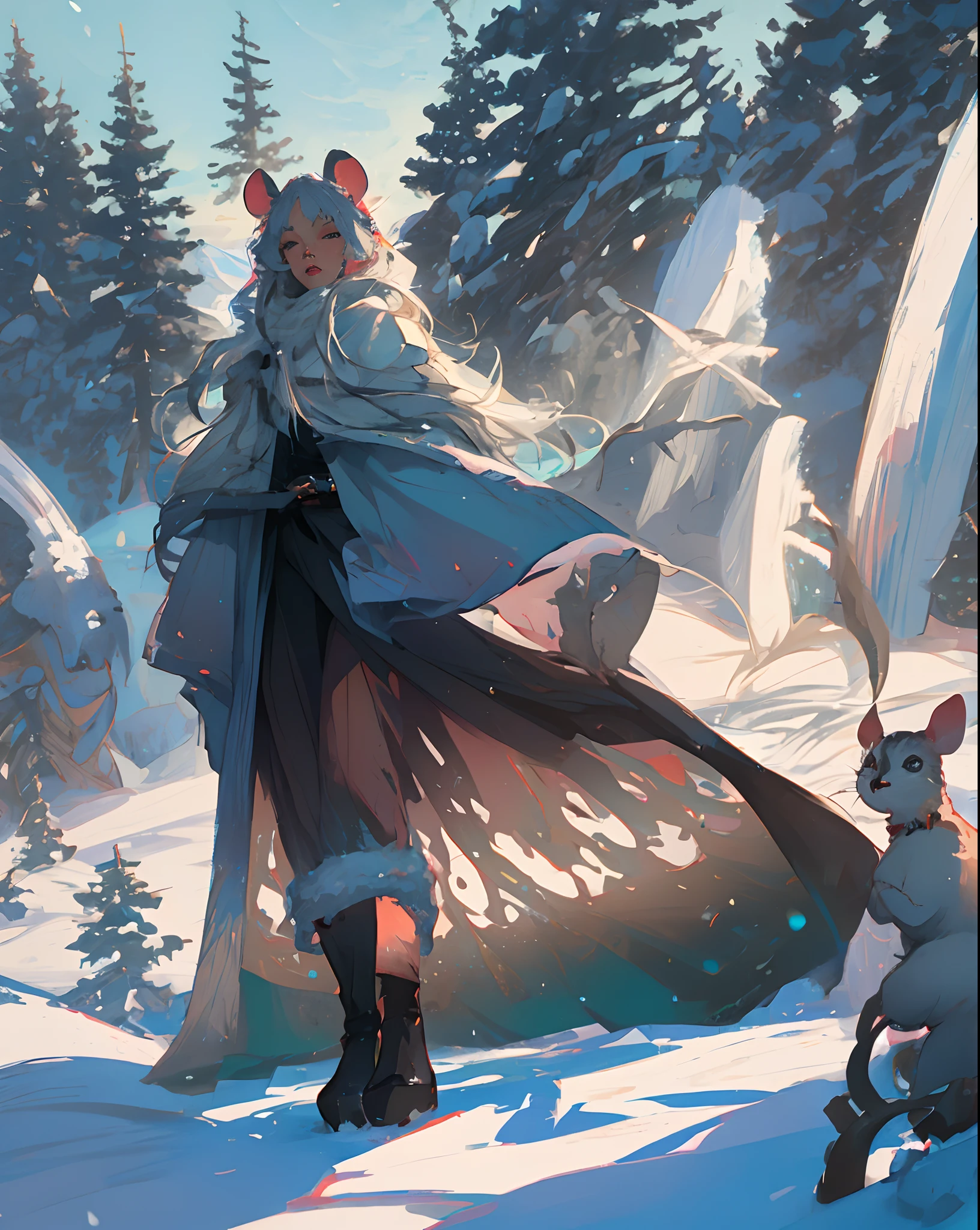 Anime, Mouse ears, mouse tale, woman, mature, Winter, snow, ice, frost, winter cloths, white long hair, Magic, Druid, mountain, forest,