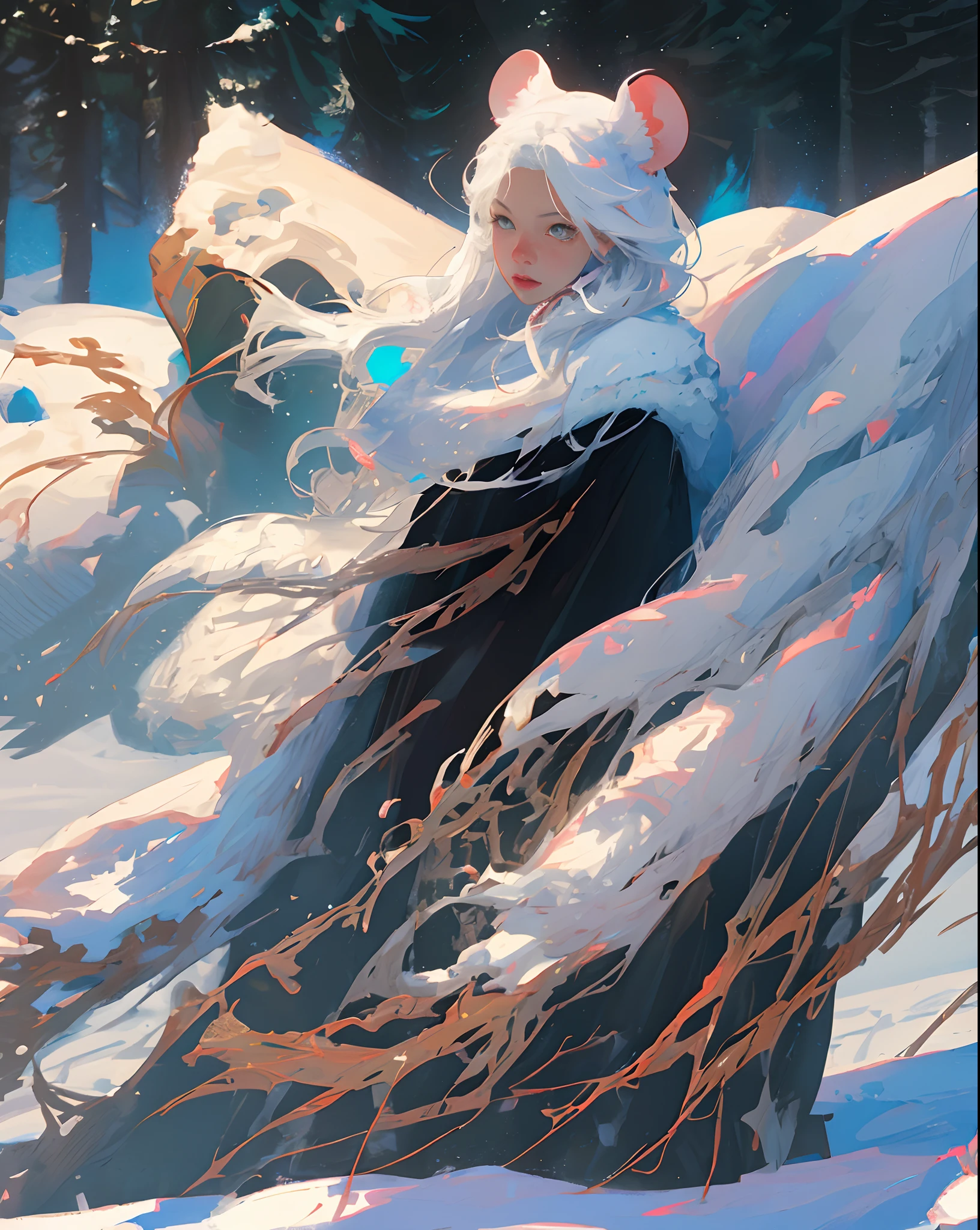 Anime, Mouse ears, mouse tale, woman, mature, Winter, snow, ice, frost, winter cloths, white long hair, Magic, Druid, mountain, forest,