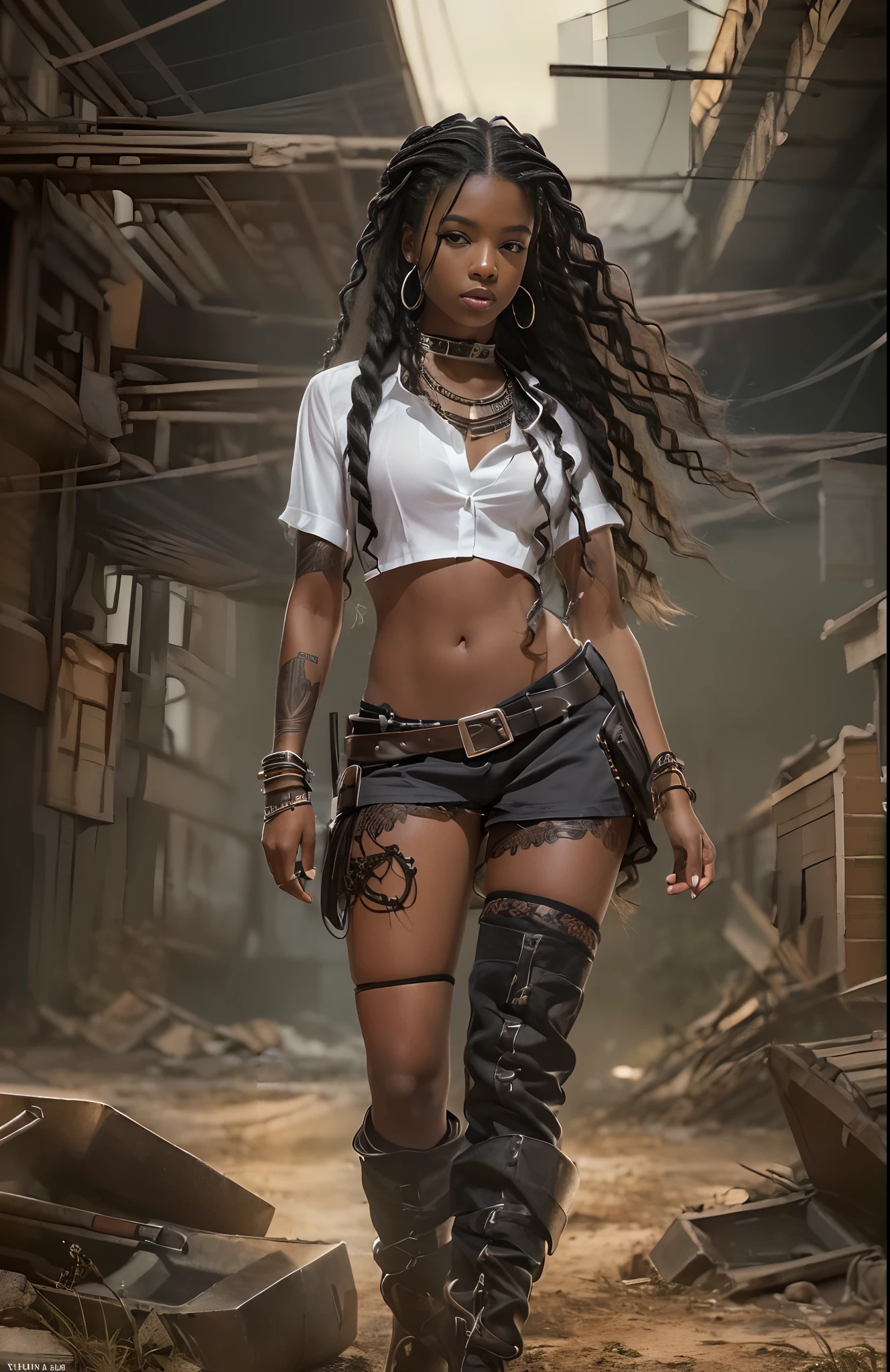 ((21-year-old))) black girl, (((light skin))),  (((close-up full body pose))),  (((long wavy black hair))), (((silk thigh highs))), (((wearing post-apocalyptic clothing, short sleeve white shirt, unbuttoned half way))), african tribal tattoo sleeve, dark fantasy art, Rich, Deep Colours, (intricate details:0.9), (HDR, hyper-detailing:1.2), (natural skin textures, hyper realisitc, soft light, Sharp),