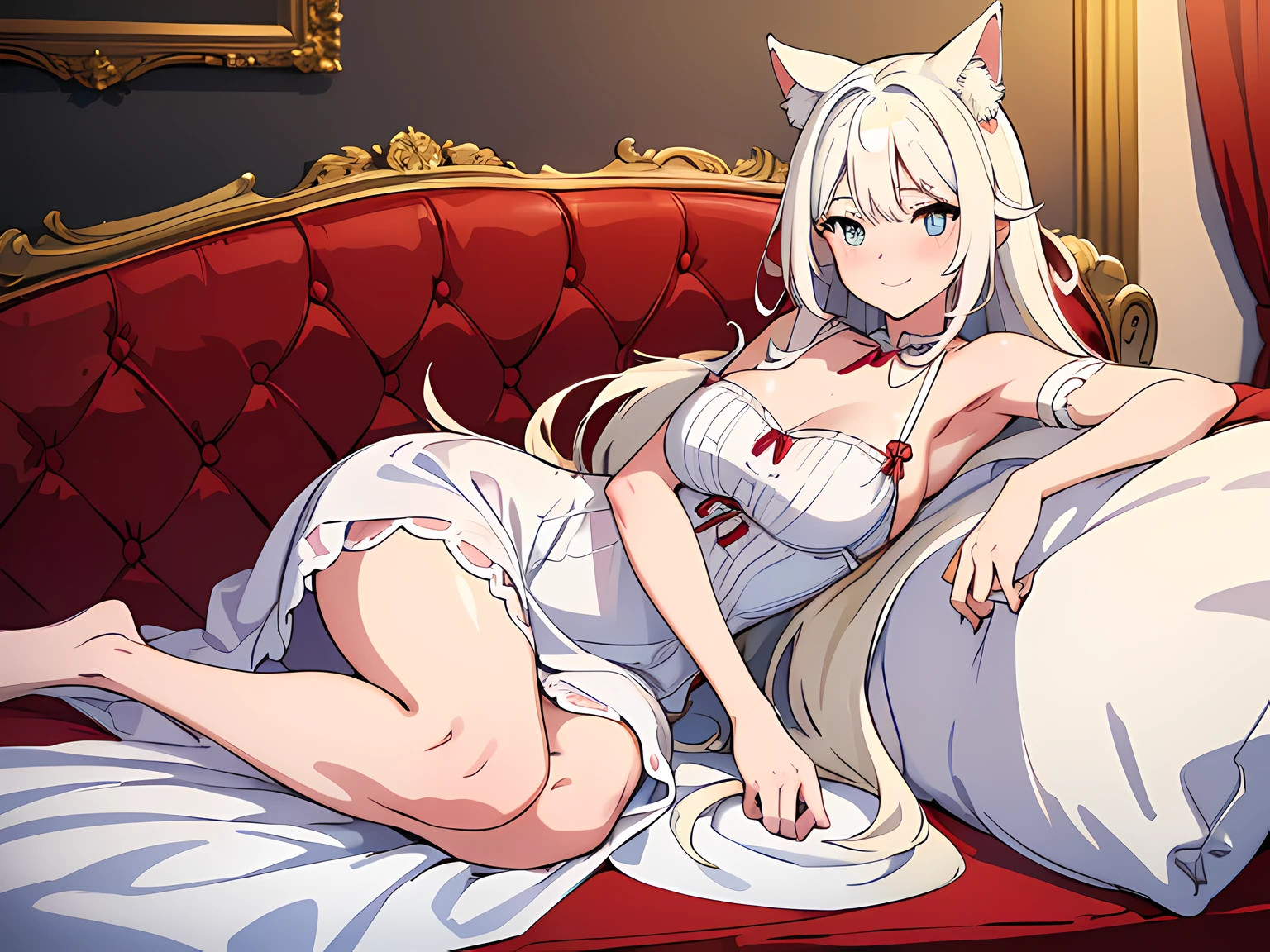 1 girl (cat eared, without human ears), beautiful eyes finely detailed, (two tone hair color (white and red), long hair), tipsy smile, drunk, blush on her face, white dress, laying her back on sofa, middle ages style bedroom, full body, anime best girl, masterpiece sidelighting, masterpiece, top-quality, detailed, High resolution illustration
