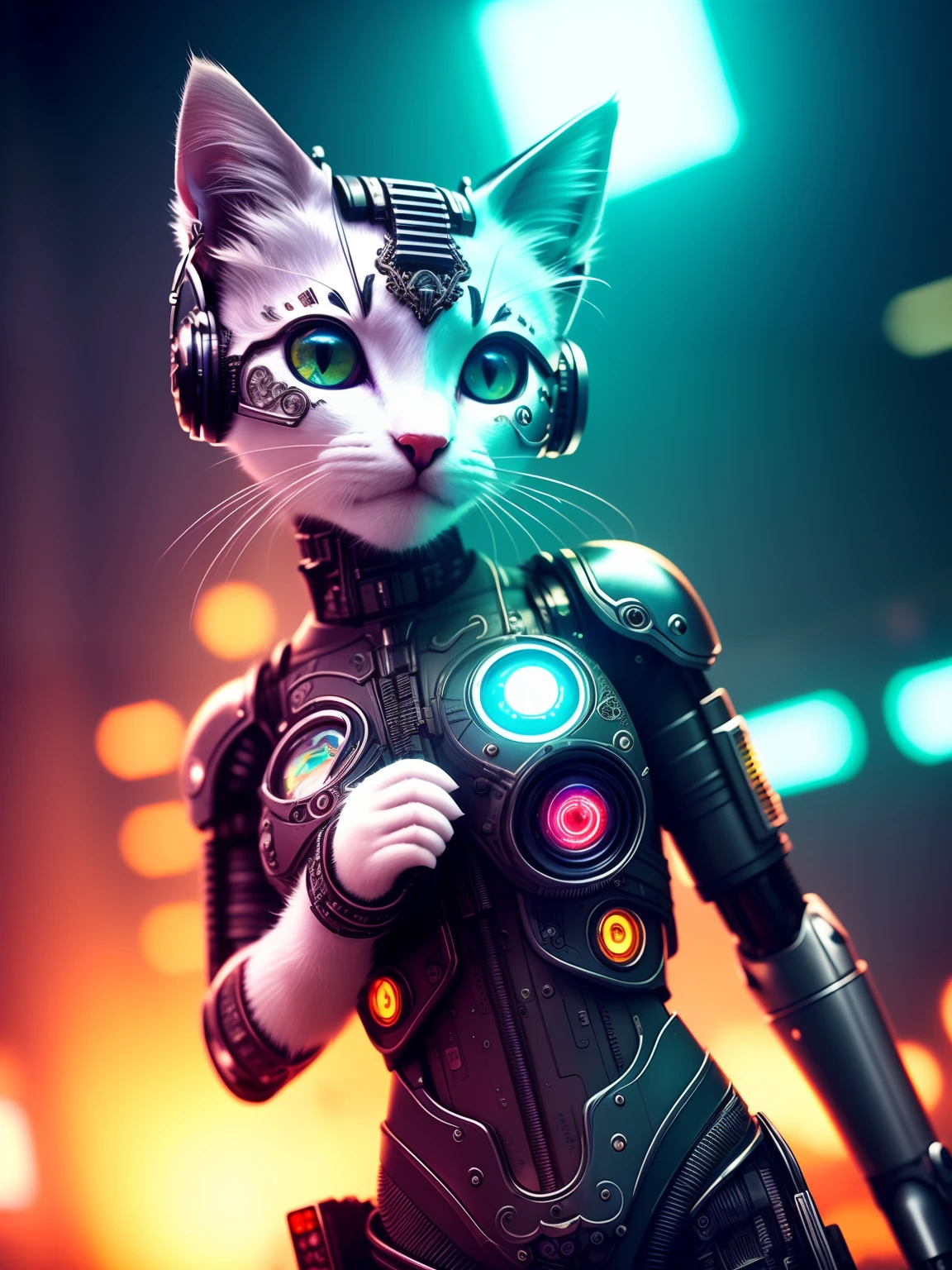 a cute kitten made out of metal, Cyborg, Cyberpunk Style, ((Intricate details)), hdr, ((Intricate details, ultra - detailed)), cinema shot, Vignette