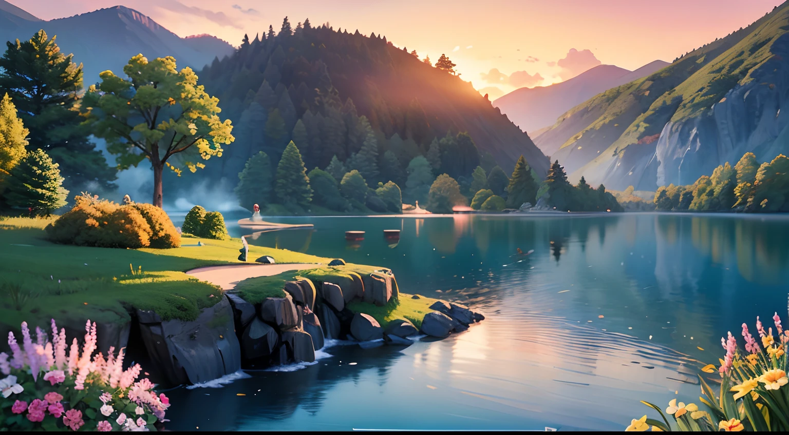 Landscape masterpiece, stunning nature, magnificent sunset in the style of wlop and alena aeinami, ultra-detailed digital painting, lake with sparkling waterfalls, colorful flowers delicately painted.