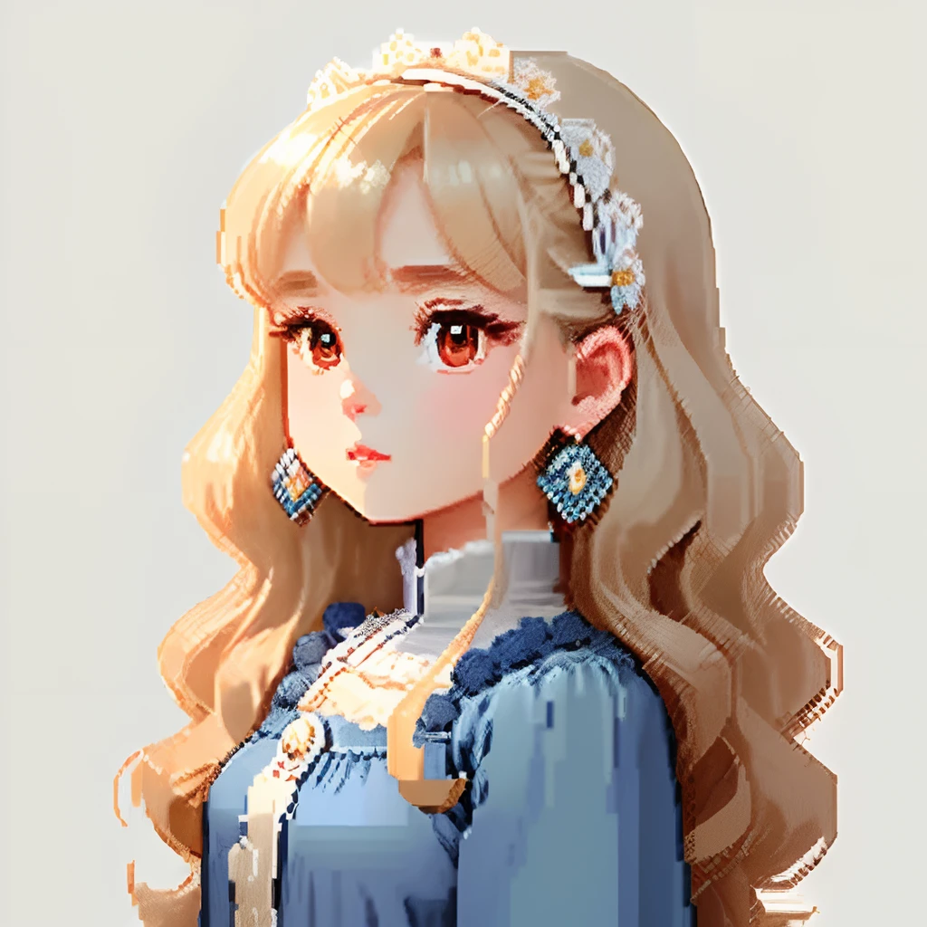 I was wearing an antique dress,large earring、Clothing consisting of pale blue color, Brown and beige、Girl with dull grey long S-shaped curls、Look back and look at this.、Pixel art、Pixel Art Illustration、pixels、Plain background、Upper body、For icons、pixels_Art Book,Composition centered on the face、Katyusha、pixels、Game-style illustration、Pixel art、pixels、without background、The background is one color beige、pixels、Big hair ornament、graceful dress、Loose fluffy、White background、、simple background、A girl 、Beautiful eyes like jewels、pixels、pixels、pixels、pixel art